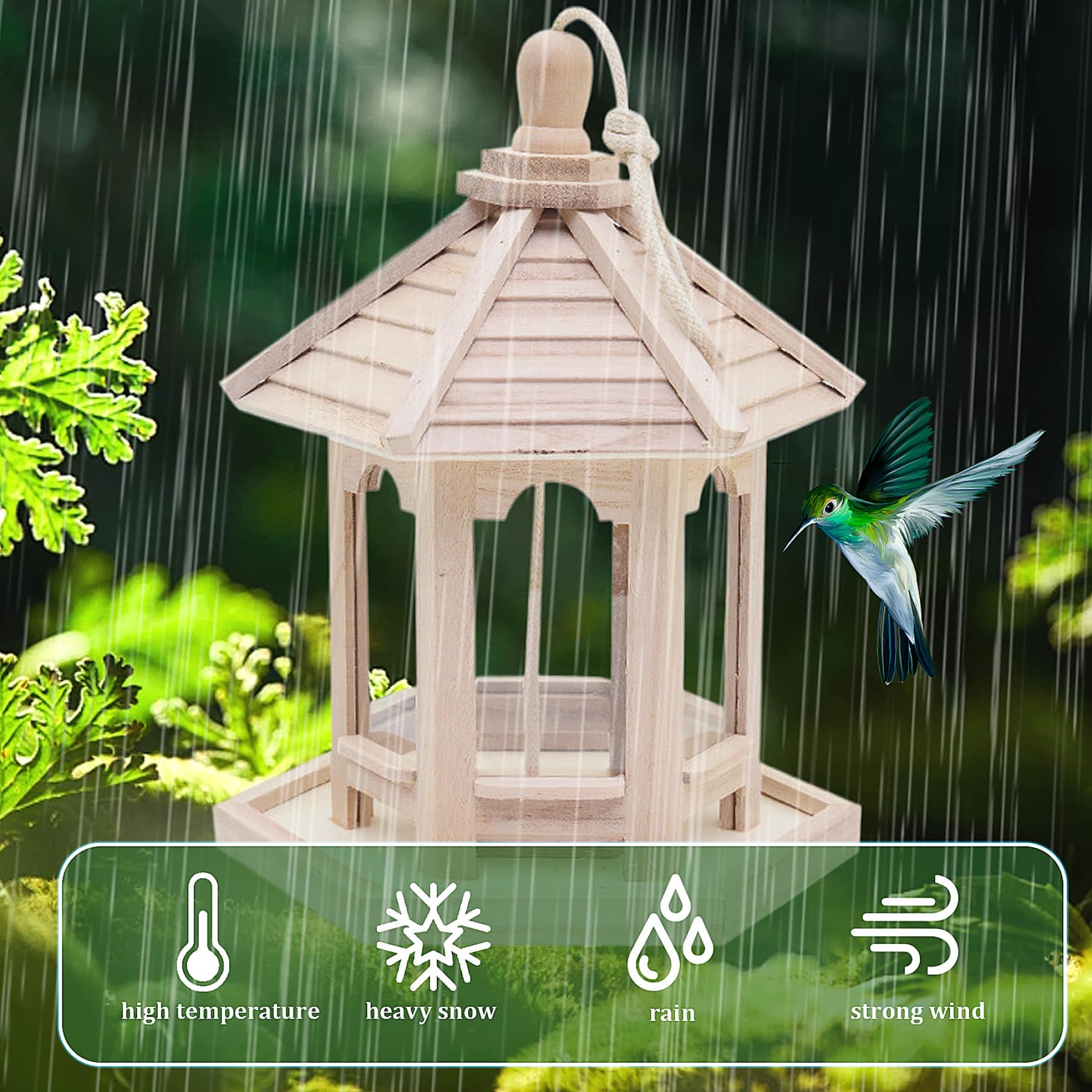 Comedero para pájaros de madera, mesa para pájaros colgante impermeable con techo extraíble, comedero para casa de jardín natural, mesa decorativa de madera para amantes y decoraciones de jardín
