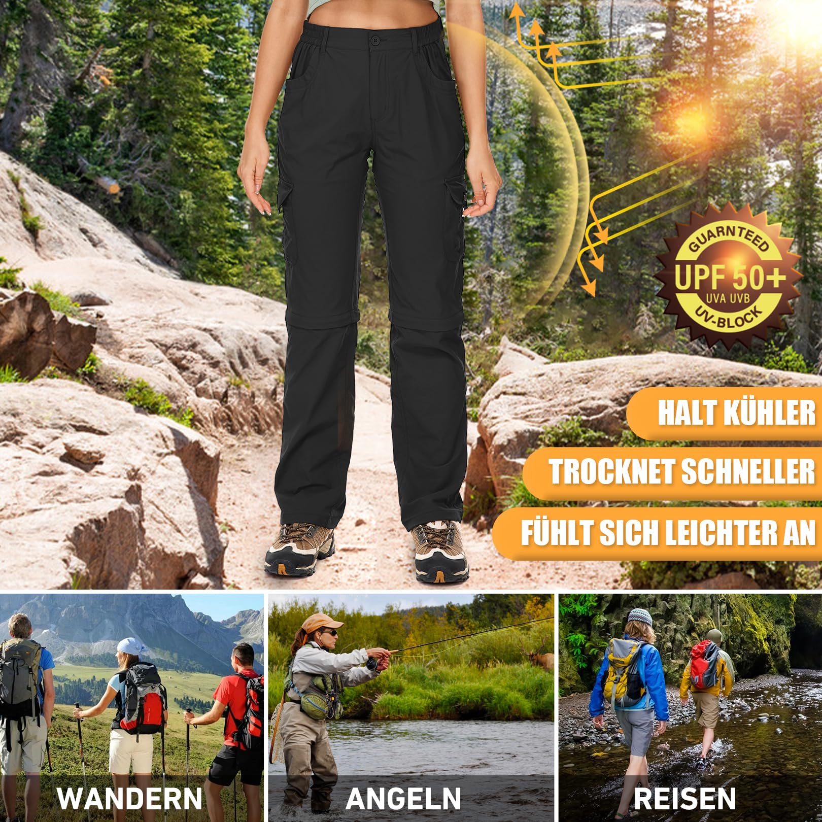 Pantalon de randonnée zippé pour femme - Respirant - Extensible rapidement - Pantalon fonctionnel amovible - Pantalon d'extérieur - Pantalon de randonnée d'été