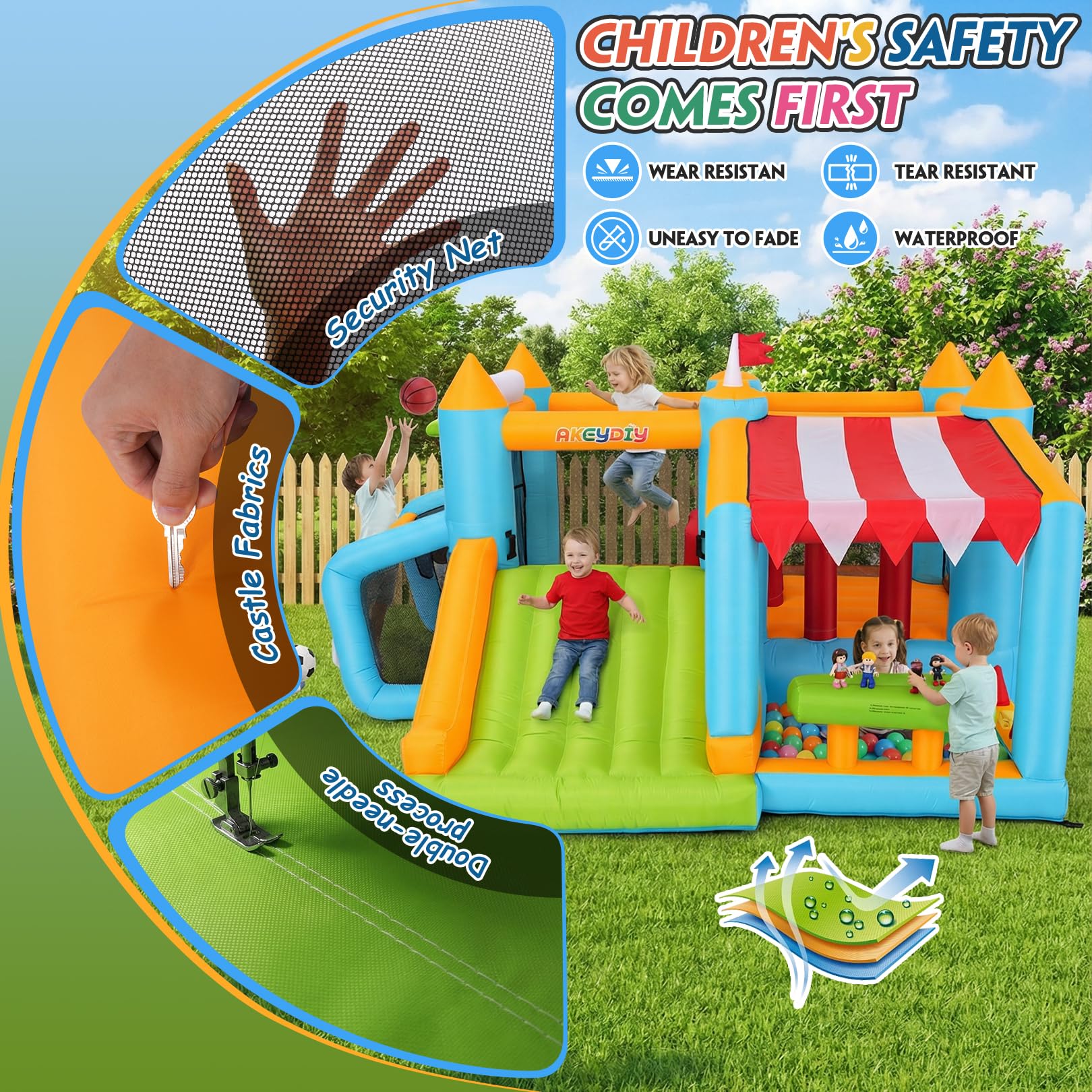 Château Gonflable avec Parcours d'obstacles pour Enfants de 3 à 12 Ans, 3,8 x 3,4 m, pour intérieur et extérieur, avec Toboggan, Piscine à balles, Surface de Saut, Terrain de Football, Panier de