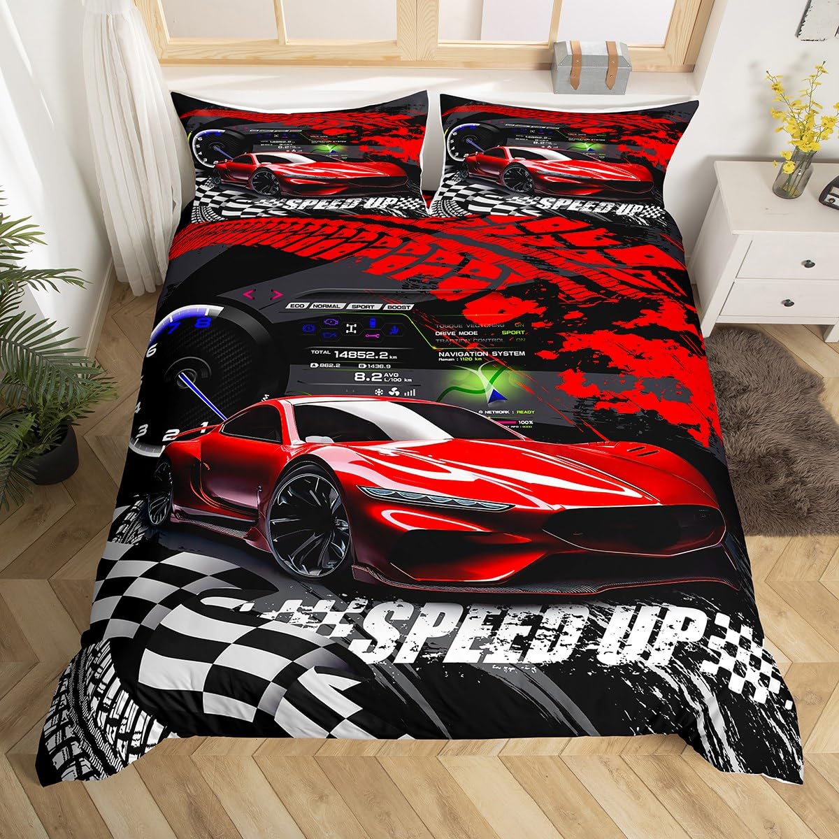 richhome Kids Boys Girls Red Race Car Bedding Set King Size, Sports Car Comforter Cover Bedding Set For Race Car Duvet Cover Racing Car Bedspread Kids Room Decor Bedclothes