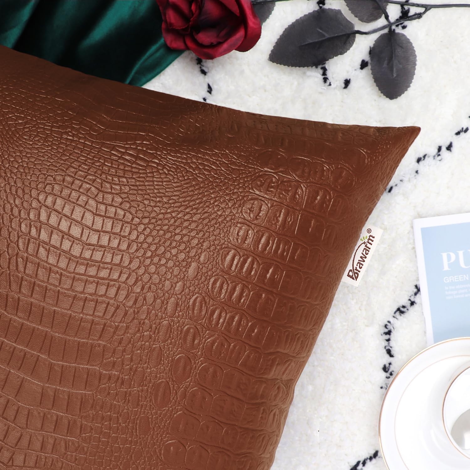 BRAWARM Faux Leather Pillow Covers 22 X 22 Inches, Light Brown Leather Pillow Covers Pack of 2, Crocodile Leather Decorative Throw Pillows for Living Room Couch Bed Sofa Home