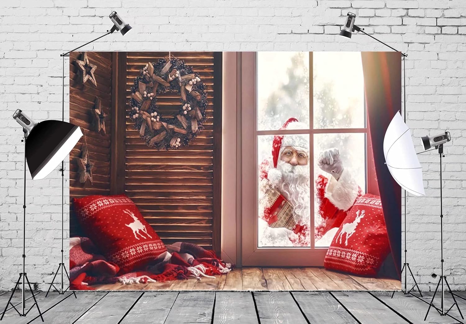 10x6.5ft Christmas Photography Backdrop Santa Claus is Knocking at Window in Winter Winter Background Holiday Poster New Year Christmas Eve Party Banner Kids Family Photo Booth Props