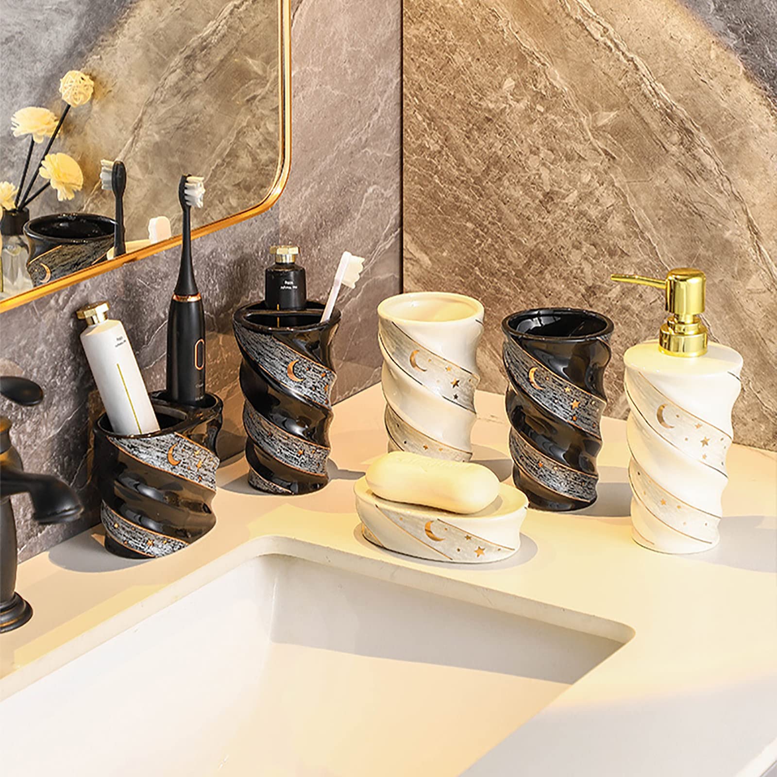 Juegos de Accesorios de baño, Acesorios Cuartos de Baño 4 Piezas con Dispensador Jabon Baño, Jabonera Baño, Porta Cepillo de Dientes, para Champú Gel de Ducha Cerámica Negro