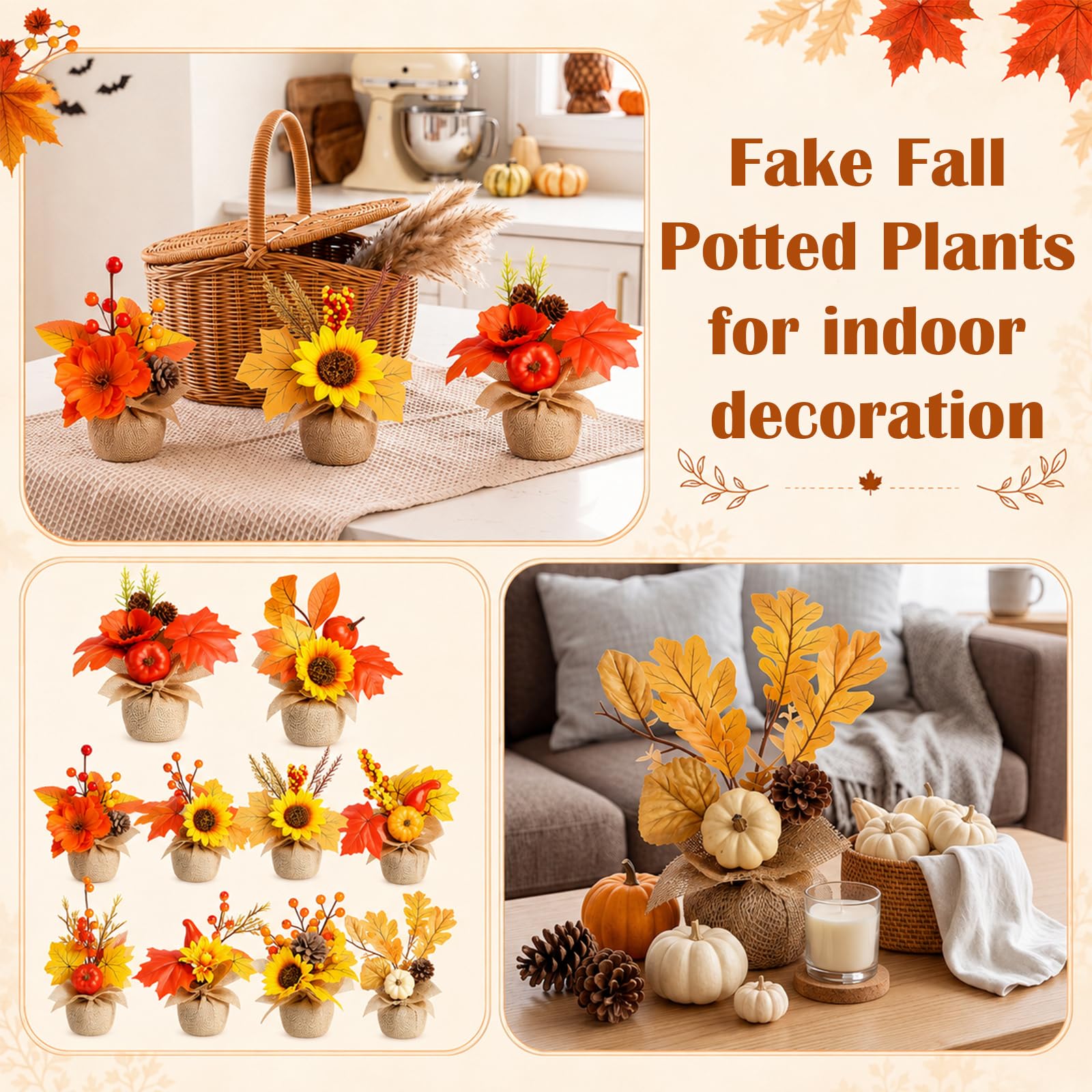 Giegxin 10 fiori artificiali in vaso per Halloween, decorazione autunnale con zucca, girasole, foglia d'acero, pigna, centrotavola (stile D)