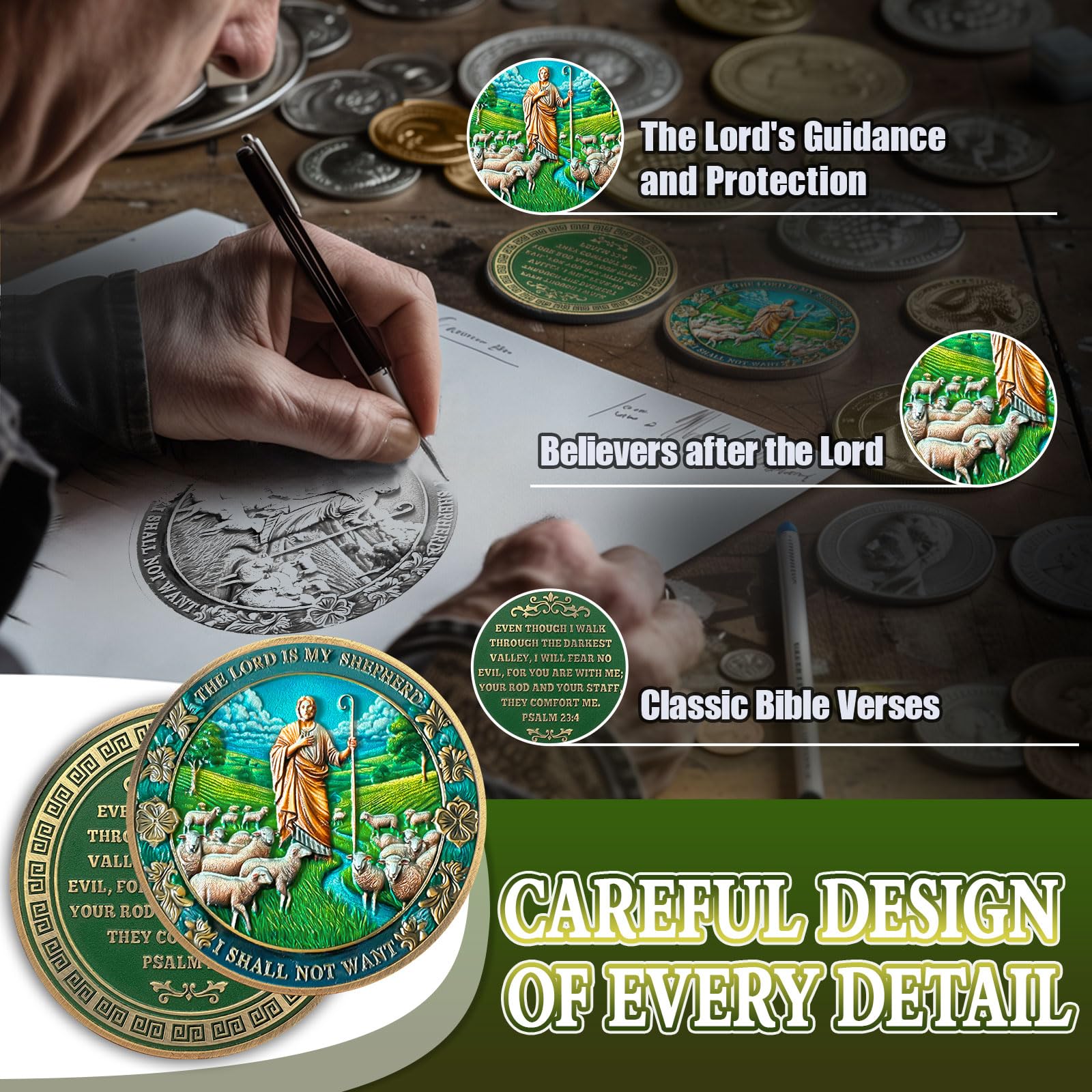 The Good Shepherd Christian Coin, Psalm 23:4 Bible Verses Coin - Bronze Christian Prayer Pocket Token - Religious Gifts for Men Women - Image 3