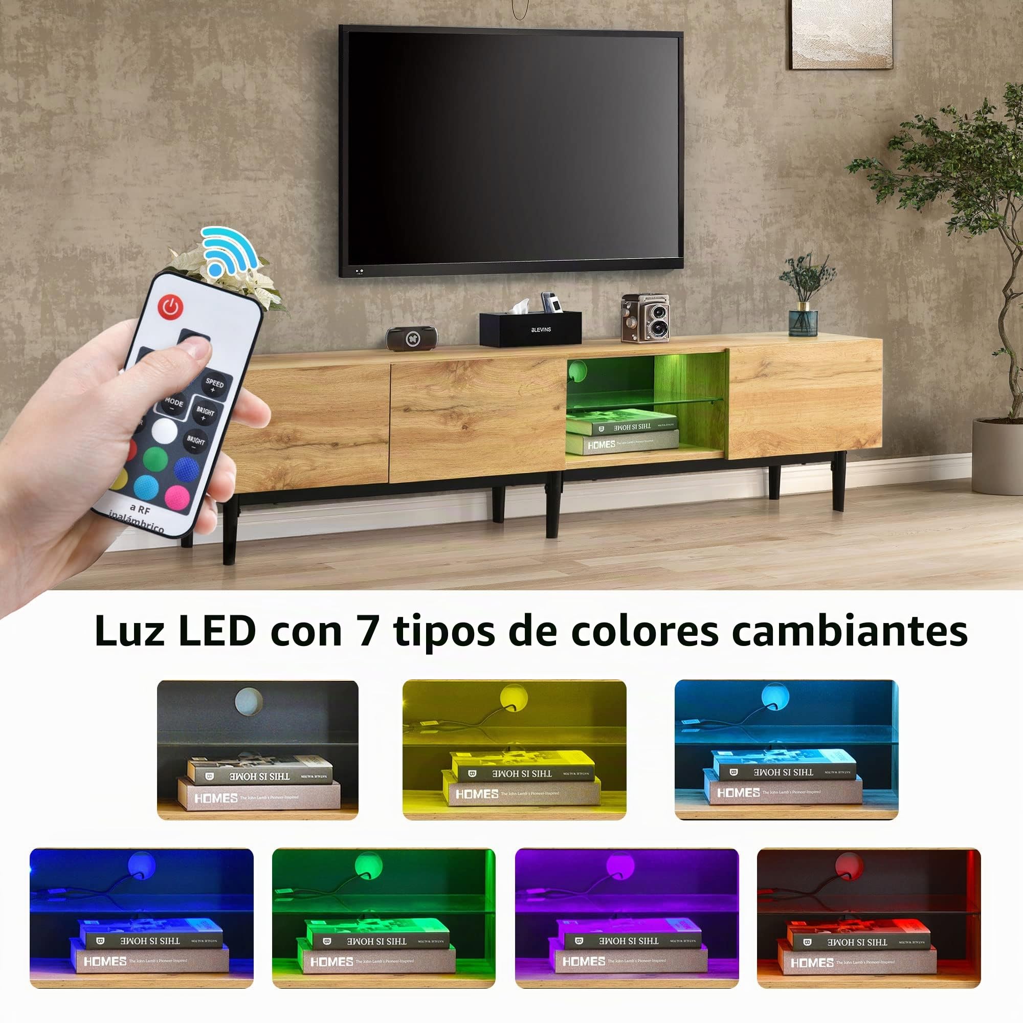 Azkoeesy 175 cm Mueble de TV con iluminación LED, para salón, Diseño de Vetas de Madera, Color Natural + Patas de Metal Negro
