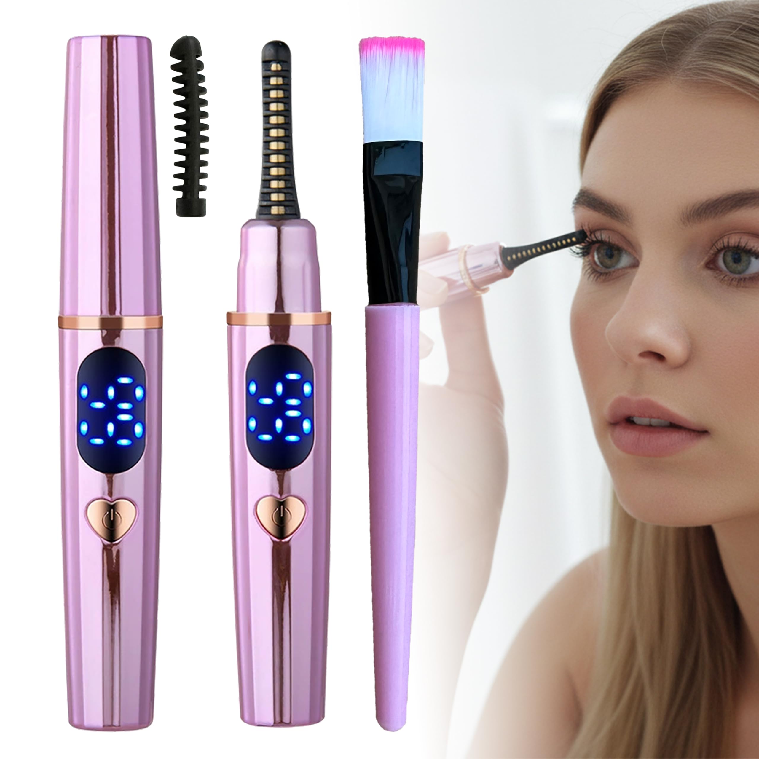 Cordless Electric Heated Makeup Eyelash Curler,Travel Portable Eye Lash Curler with Comb and Pen Brush, Pure Copper Fast Heating Head Lash Lift,On The Go 24 Hour Long Lasting Eyelash Curler,Rose Pink