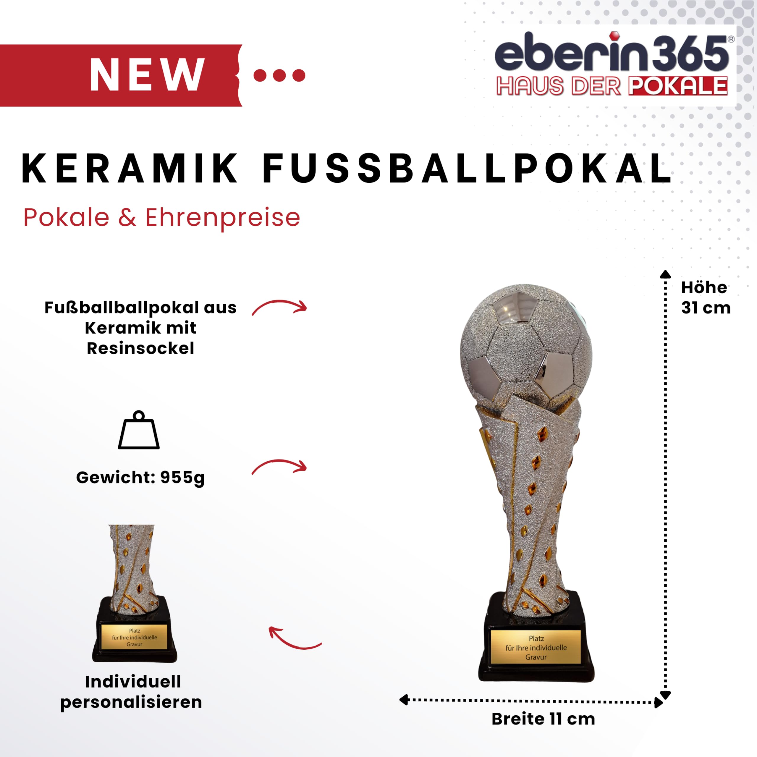 Fußball Pokal aus Keramik in Silber & Gold, Siegerpokal mit Resin Sockel für Turnier, Verein & Meisterschaft, Fußballpokal 22/26/30 cm einzeln oder als Set, Trophäe für Jedermann | Sockel Resin Trophäe Keramik