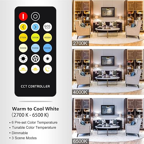 Miniatura 2 de CCT COB - Tira de luces LED COB, 6.56 pies, regulable, 2700K-6500K, 24V, sintonizable, kit de tira de luz LED blanca, tiras LED CRI de alta densidad