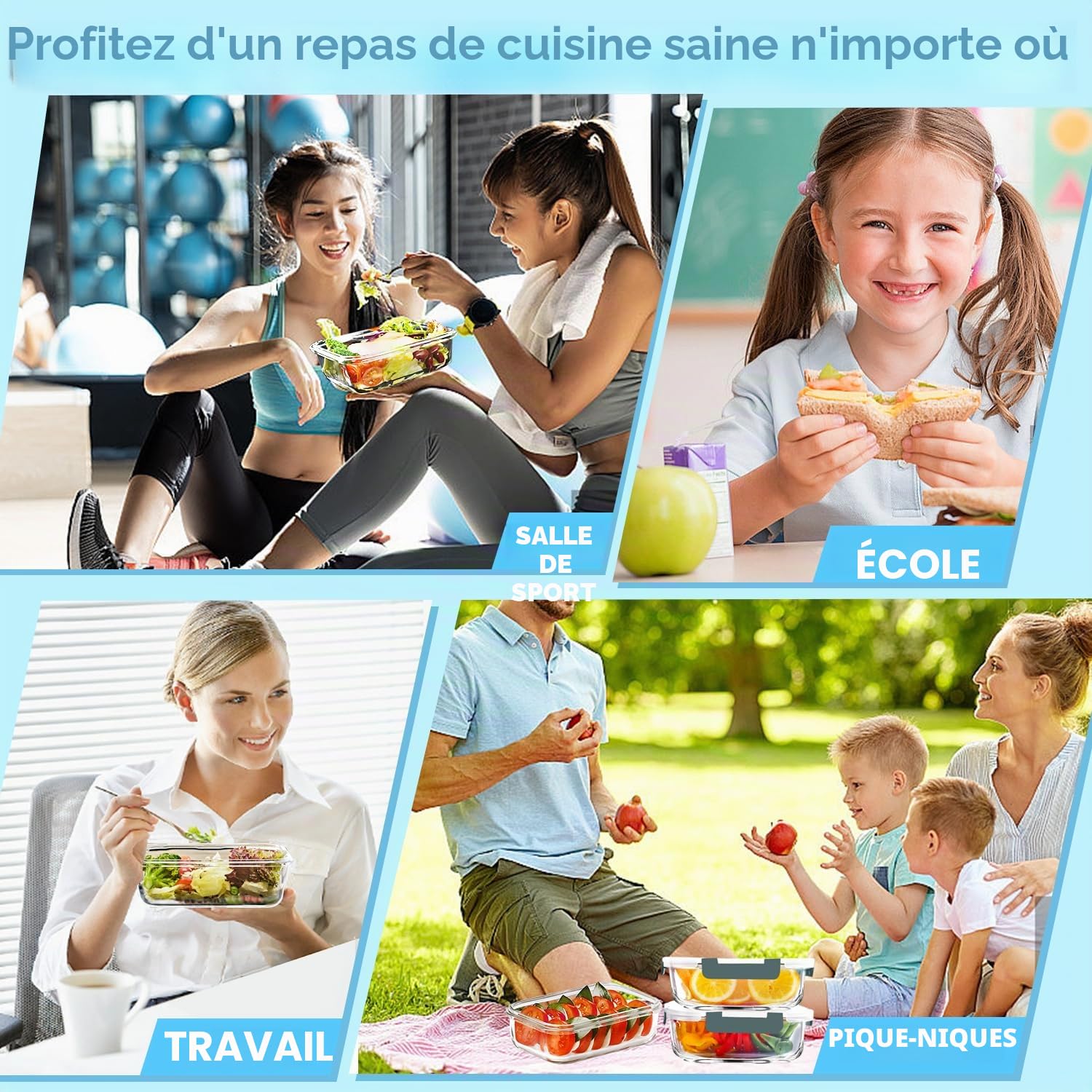 VERONES Lot de 5 récipients hermétiques en verre de 36oz pour la préparation des repas, boîtes à déjeuner en verre avec couvercles, pour micro-ondes, four, congélateur