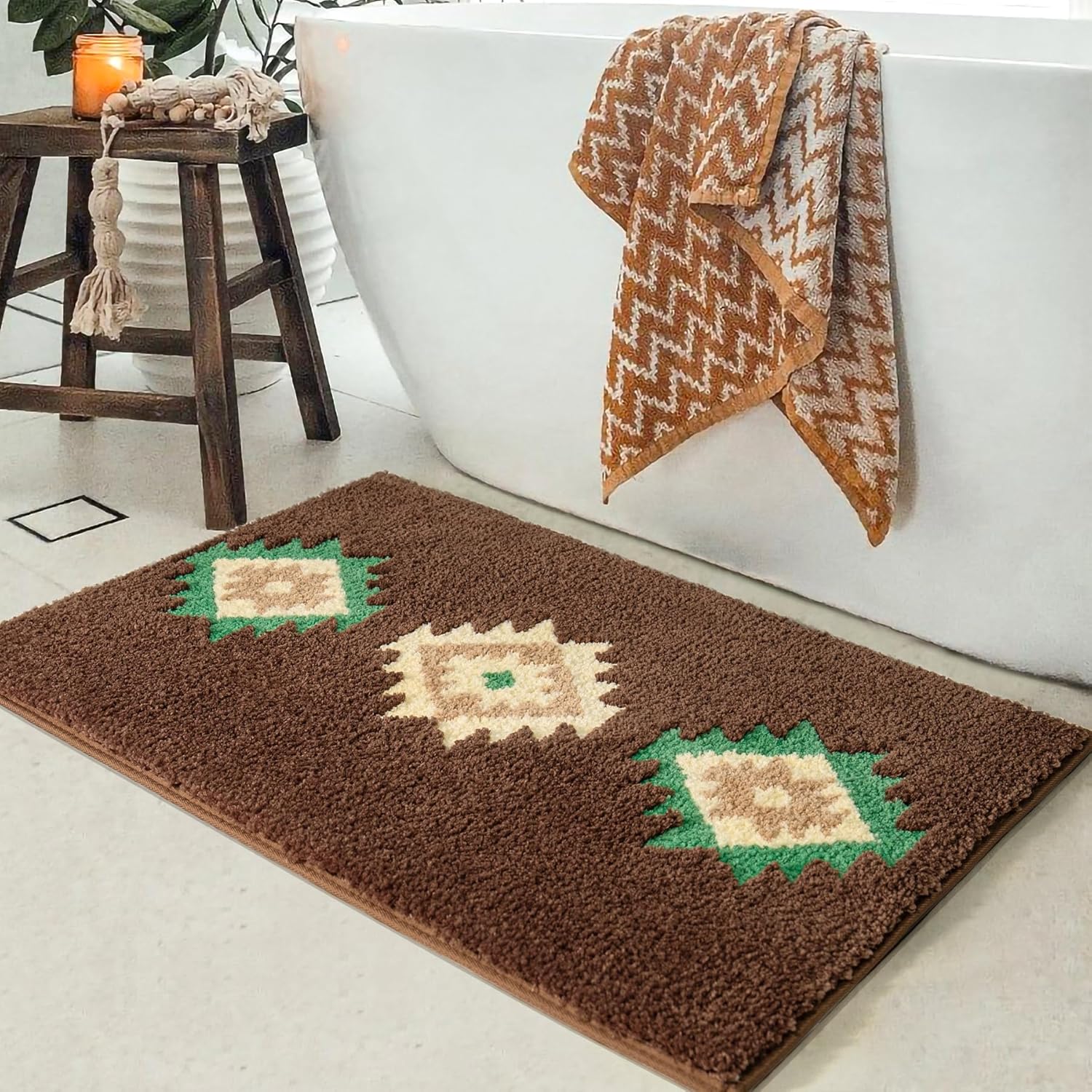 DEXDE Boho Bathroom Rugs Brown Aztec Bath Mat Non Slip Western Geometric Bath Rug Luxury Soft Absorbent Carpet for Bathroom Shower Kitchen Entryway Farmhouse Modern Decor, 20x32