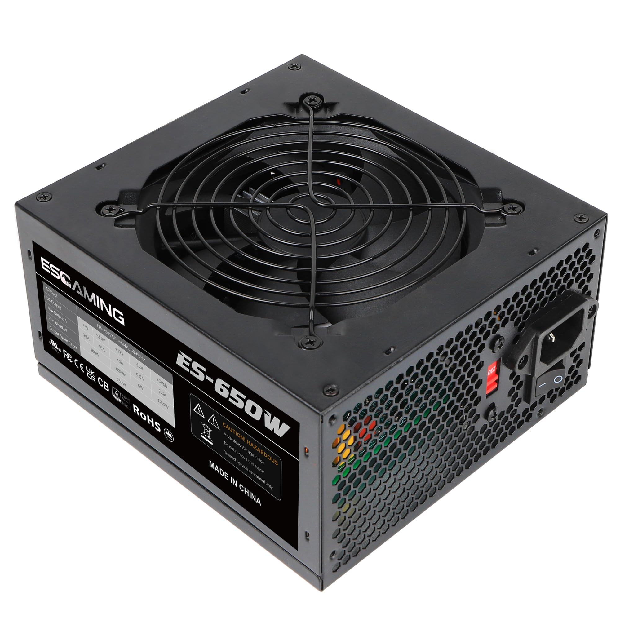 ESGAMING 650W Non Modular Power Supply with Low-Noise 120mm Fan ATX PSU, 115/230 Voltage Switch PFC Protection