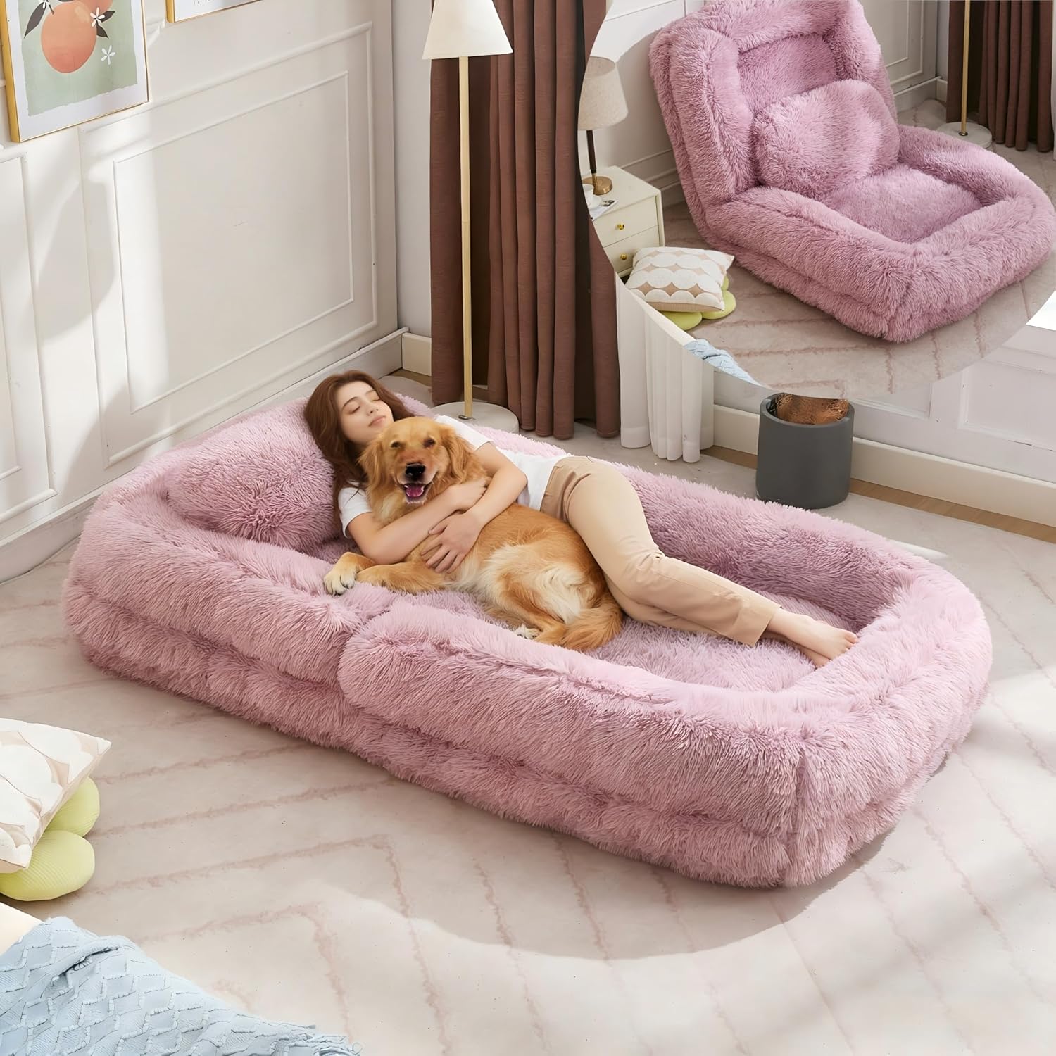 KEIKI Corduroy Human Size Dog Bed, Oversized Foldable Human Dog Bed for Adults and Pets, Adjustable Lounge Sofa Bed with Cushions, Giant Dog Bed for Humans, Green