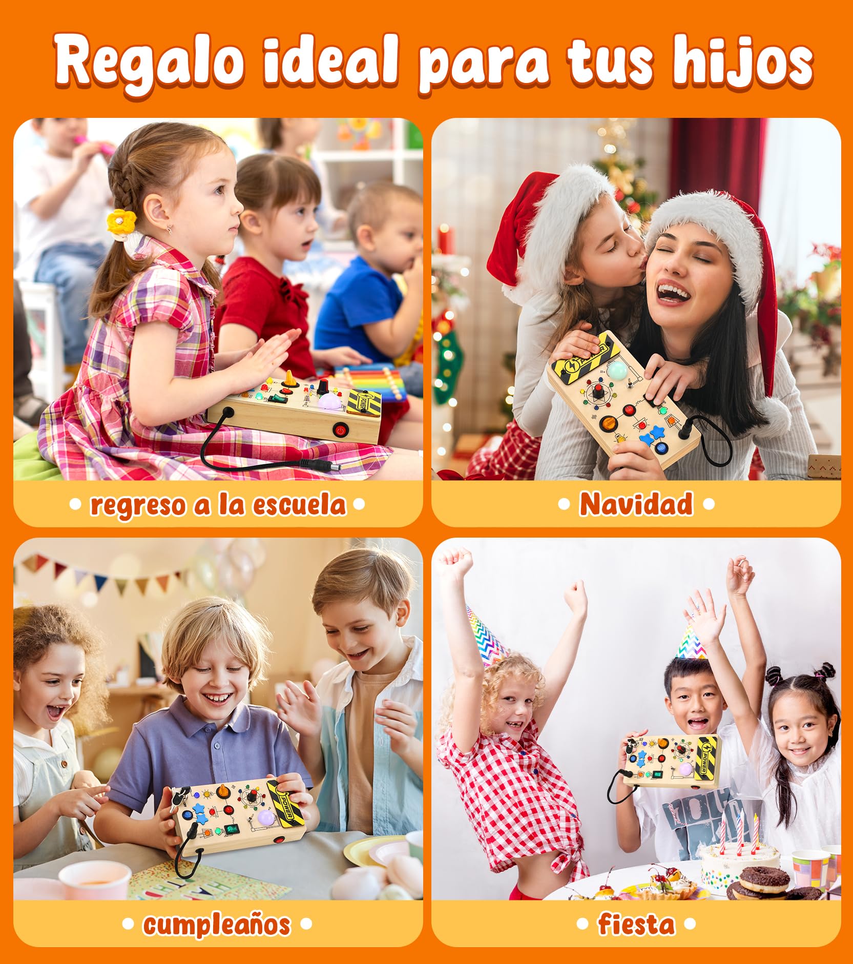 Motessori Busy Board de Actividad Sensorial 1 Año+ con 16 Luces LED y 9 ​​Interruptores, Juguete Educativo Montessori de Madera para Niños y Niñas de 1 a 7 Años, Juguete Educativo de Viaje