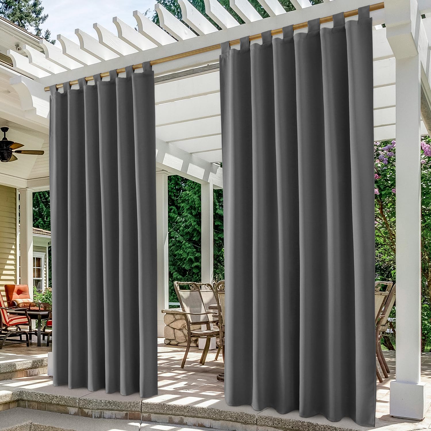 HOMEIDEAS 2 Panels Tab Top Outdoor Curtains for Patio Waterproof, Grey Blackout Outdoor Curtains, 52 X 108 Inch Thermal Insulated Gray Outdoor Patio Curtains for Porch/Pergola/Cabana/Gazebo