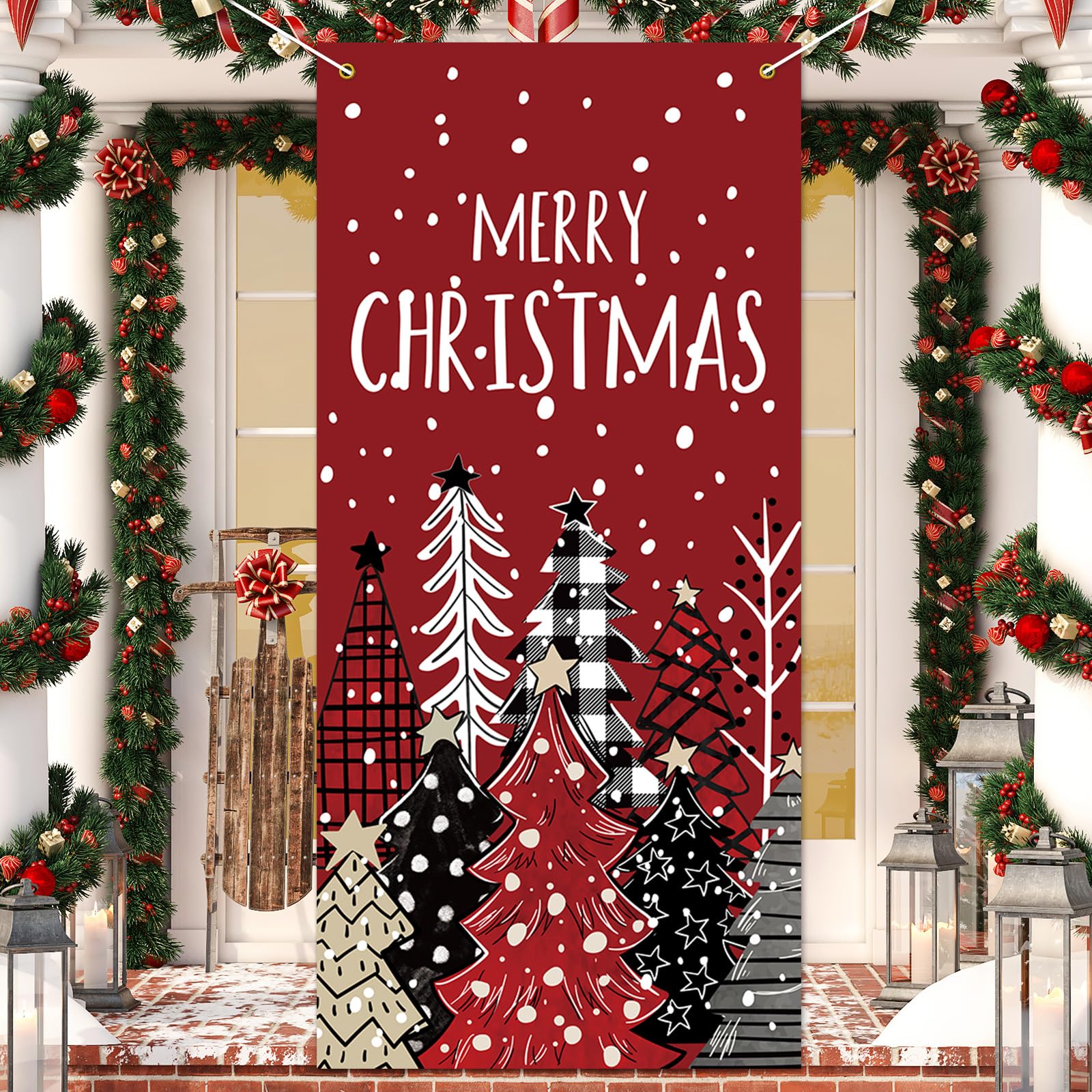 Fond photo rouge Merry Christmas avec sapin de Noël pour studio intérieur 80x170cm