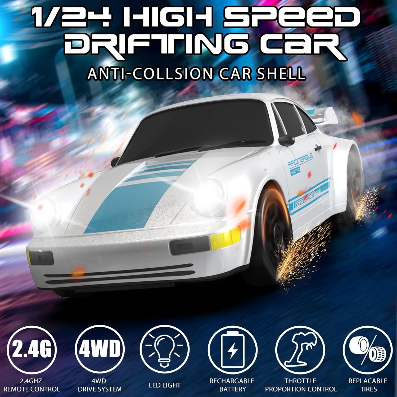 Remote Control Car, 1/24 Scale RC Drift Car, 4WD 15KM/H High Speed RC Cars, Racing Sport Toy Car with LED Lights, Racing Tire, Birthday for Kids Boys Girls, Rechargeable Battery