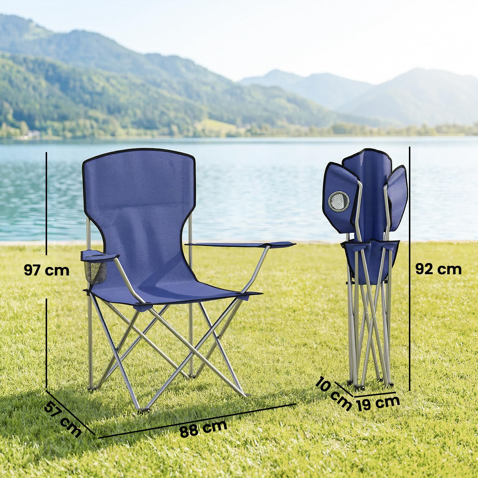 Outsunny Lot de 2 Chaises de Camping Pliantes, avec Porte-Gobelet, Sac de Transport, Accoudoirs et Dossier Haut, Chaise Pliante Camping pour Jardin Pêche, Charge 120 kg, Bleu Foncé