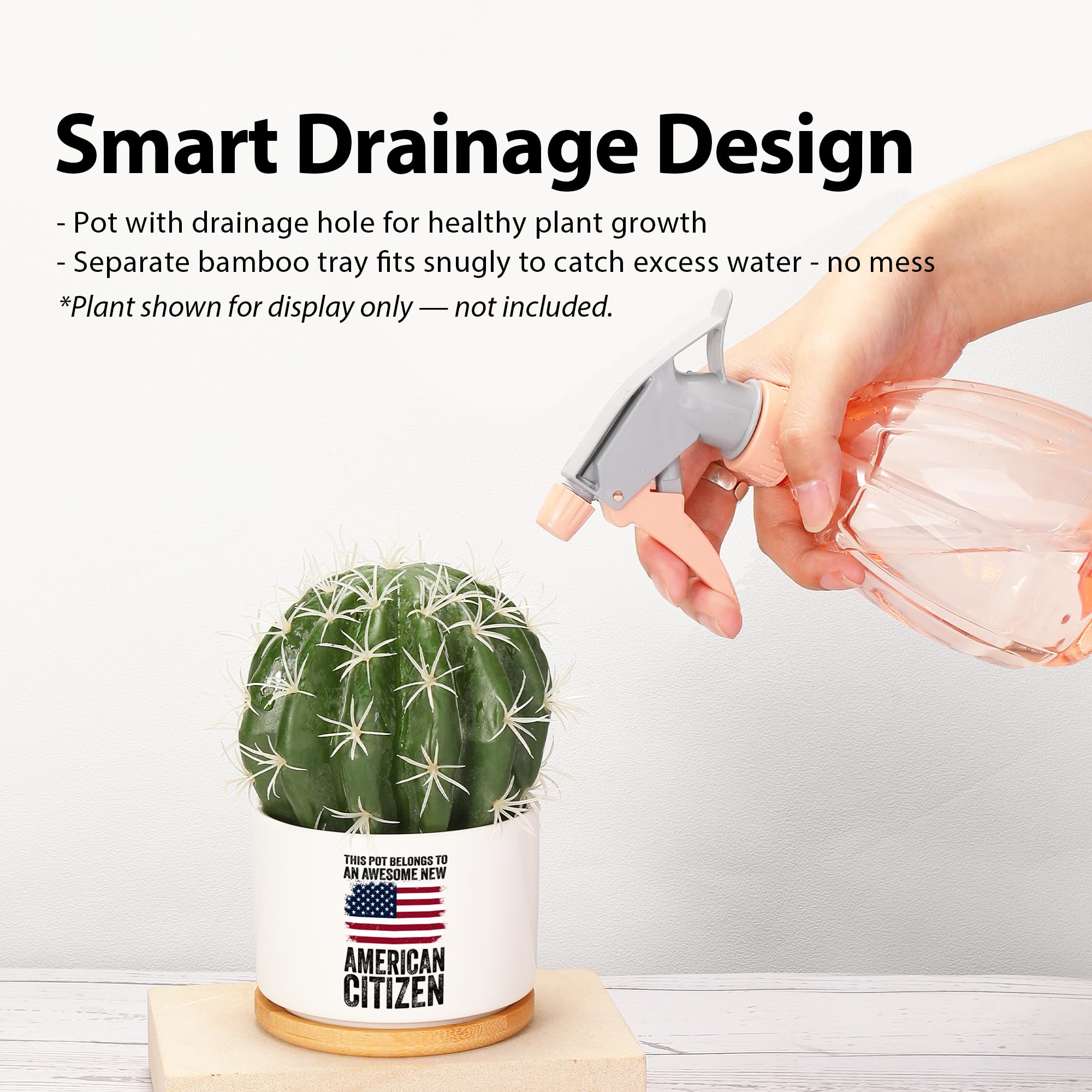 This Pot Belongs to an Awesome New American Citizen Ceramic Succulent Plant Pot with Bamboo Tray Round Citizenship Gifts American Flag Plant Lover Gifts Home Decor 3.5 Inch White (No Plants)