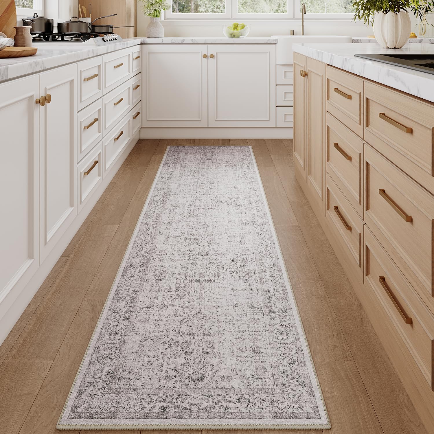 Gray Runner Rug 2x8 Hallway Machine Washable Kitchen Vintage Distressed Non Slip Long Carpet Indoor Grey Retro Floral Bedroom Accent Throw Rug for Bathroom Office Laundry Dining Living Room