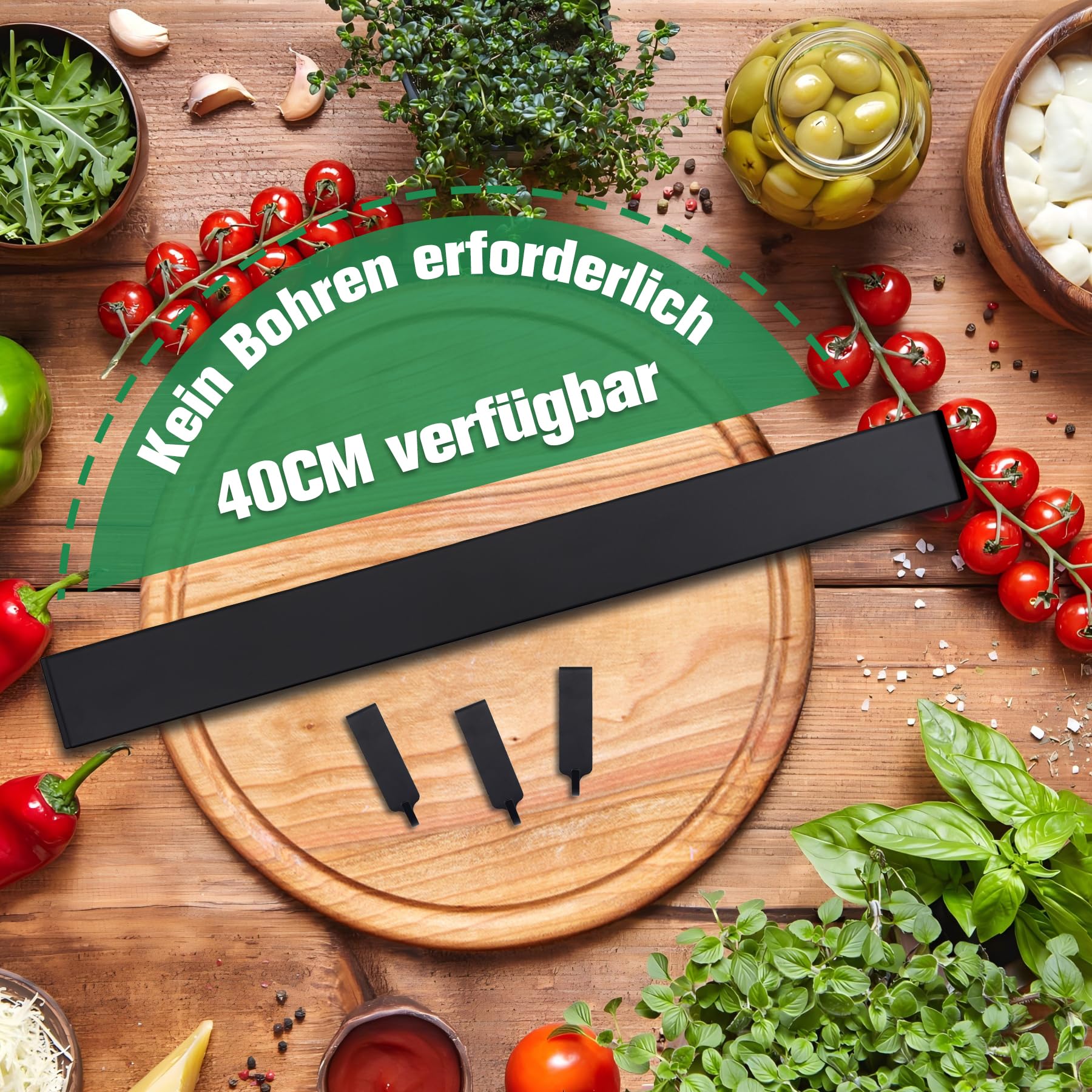 Magnetleiste Messer 40 cm, Messerhalter magnetisch schwarzmit 3 Haken,Magnet Messerhalter aus Edelstahl mit Klebeband und Schrauben für Messer und Utensilien