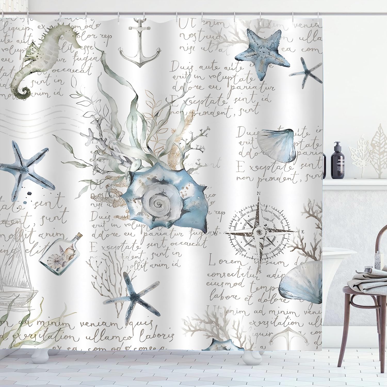 ZCHOMI Nautical Coastal Shower Curtain Seahorse Seashell Starfish Ocean Beach Shower Curtains for Bathroom Waterproof Polyester Fabric Bathroom