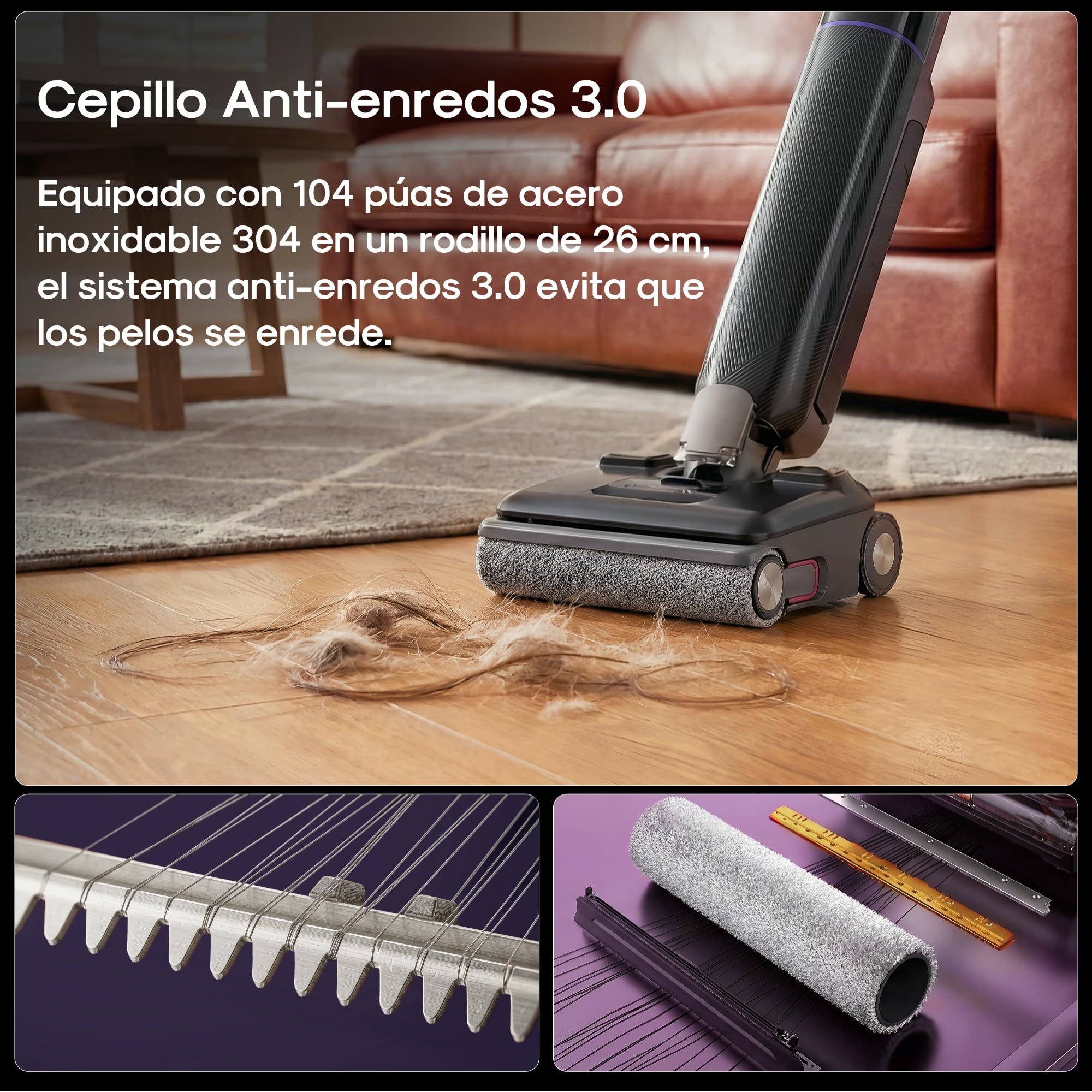 Eureka Aspiradora Fregona Sin Cable FloorShine 830, Aspirador y Fregasuelos en Seco y Húmedo 24kPa, Especial para Mascotas, Limpia Bordes, Antienredo, 60min, 180°, Autolimpieza con Secado 75°C, Negro