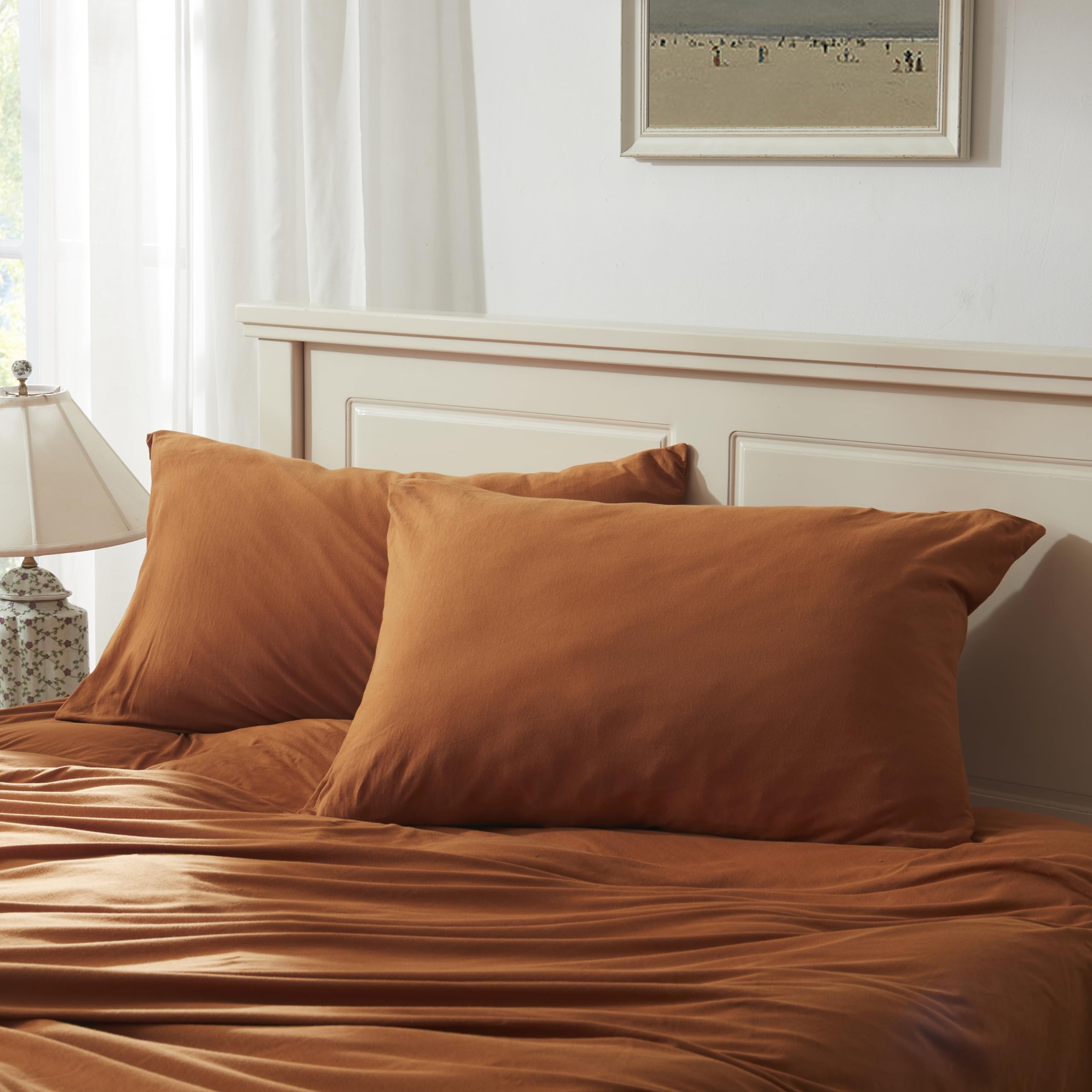 H HOUSEHOLD 100% Jersey Knit Cotton King Size Pillowcases Set of 2, Super Soft Breathable Pillow Cases for Sleeping, Envelope Closure, Stretchy T-Shirt Fabric (Burnt Orange, King Size (20' x 36')) Burnt Orange 2-Pack King Size Pillowcases