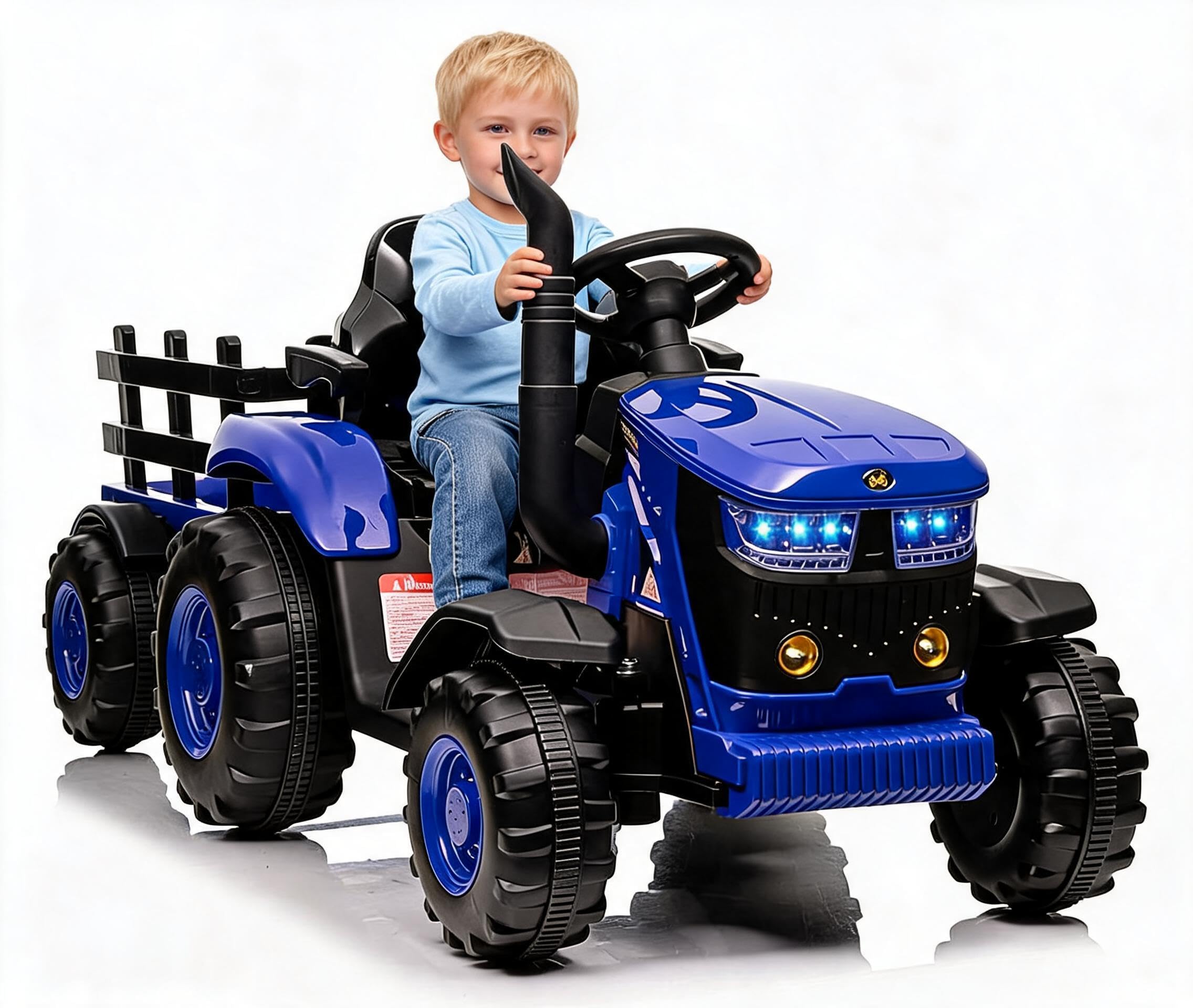 Tracteur électrique Enfant avec Remorque Amovible, 12 v Voiture électrique à 6 Roues avec Télécommande, 2 Moteurs De 35 w Chacun, Musique, 3 Vitesses, 7 LED, pour Les Enfants De 3 à 8 Ans