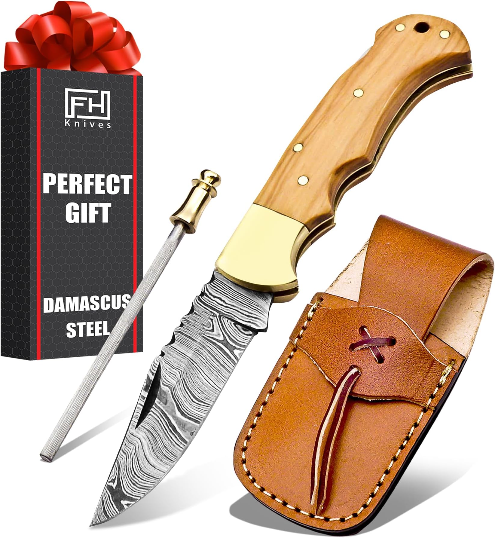 6.5 Inch Handmade Damascus Pocket knife for Men Folding Knife with back lock Small Pocket knife for Hunting Camping Hiking Damascus hunting knife with sheath Best EDC Camping Knife