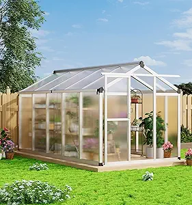 Garvee 6x10 FT Greenhouse - Aluminum Greenhouses for Outdoors, Large Polycarbonate Greenhouse with Roof Vent, Heavy Duty Walk-in Green Houses for Outside Garden, Backyard, Patio, Lawn, Easy Assembly