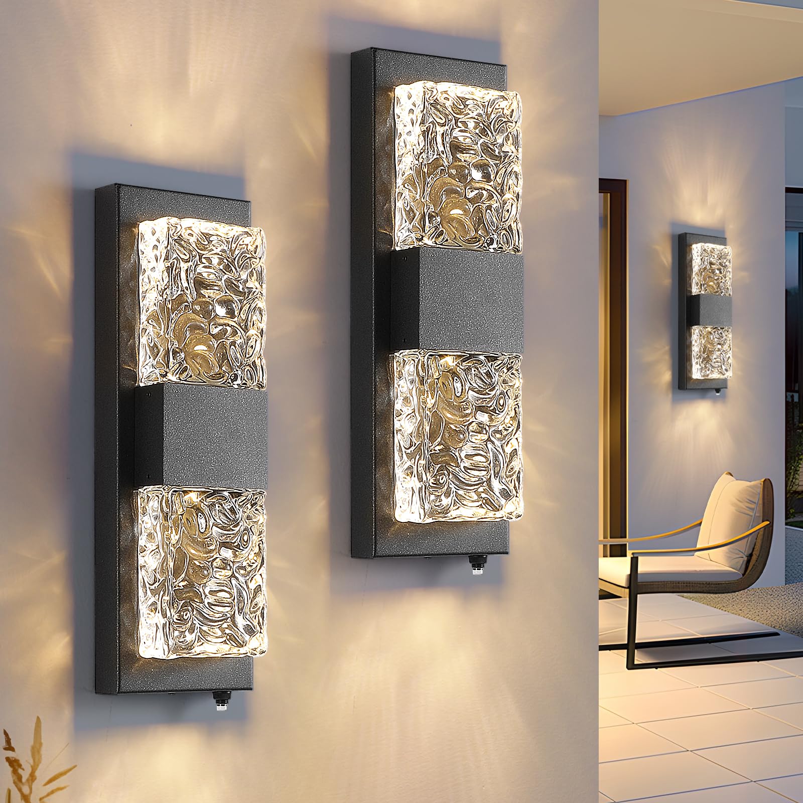 HITOO Black Crystal Outdoor Wall Lights, Dusk to Dawn, 14.2Inch, 2 Pack