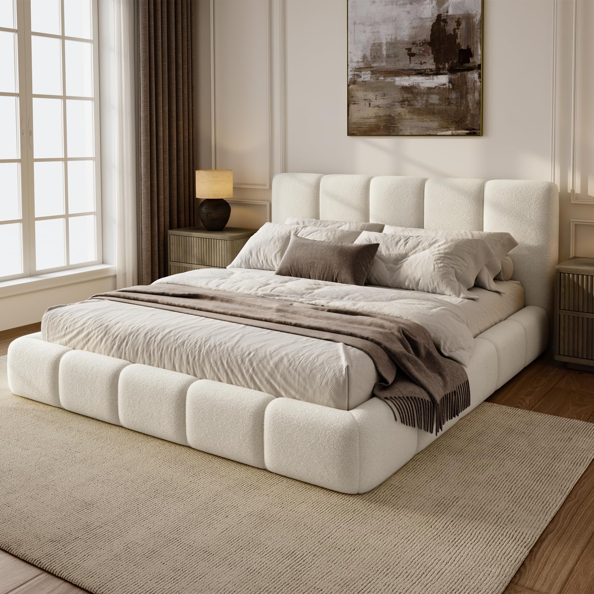 Photo 1 of Regmuse Queen Upholstered Cloud Bed Frame - Cream Vine