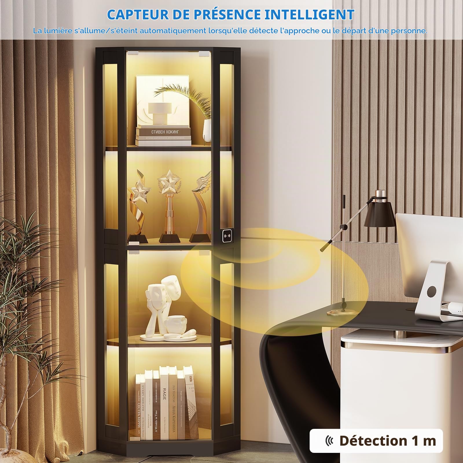 BROTTAR 65" Vitrine en Verre avec Éclairage LED, Meuble Angle Noir | Équipée De Détecteur De Présence, Lampe LED à trois couleurs, À Quatre Étages Vitrine pour Collection Idéale pour Le Salon