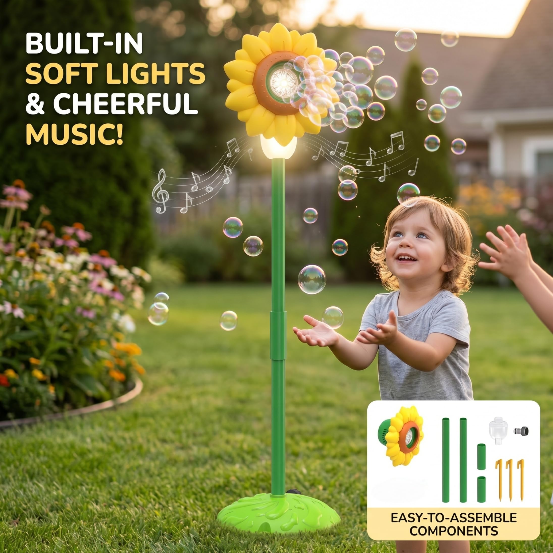 Automatische Seifenblasenmaschine Automatische Seifenblasenmaschine für Kinder, Sonnenblume Stehfackel mit Spray, Lichtern & Musik Gelb