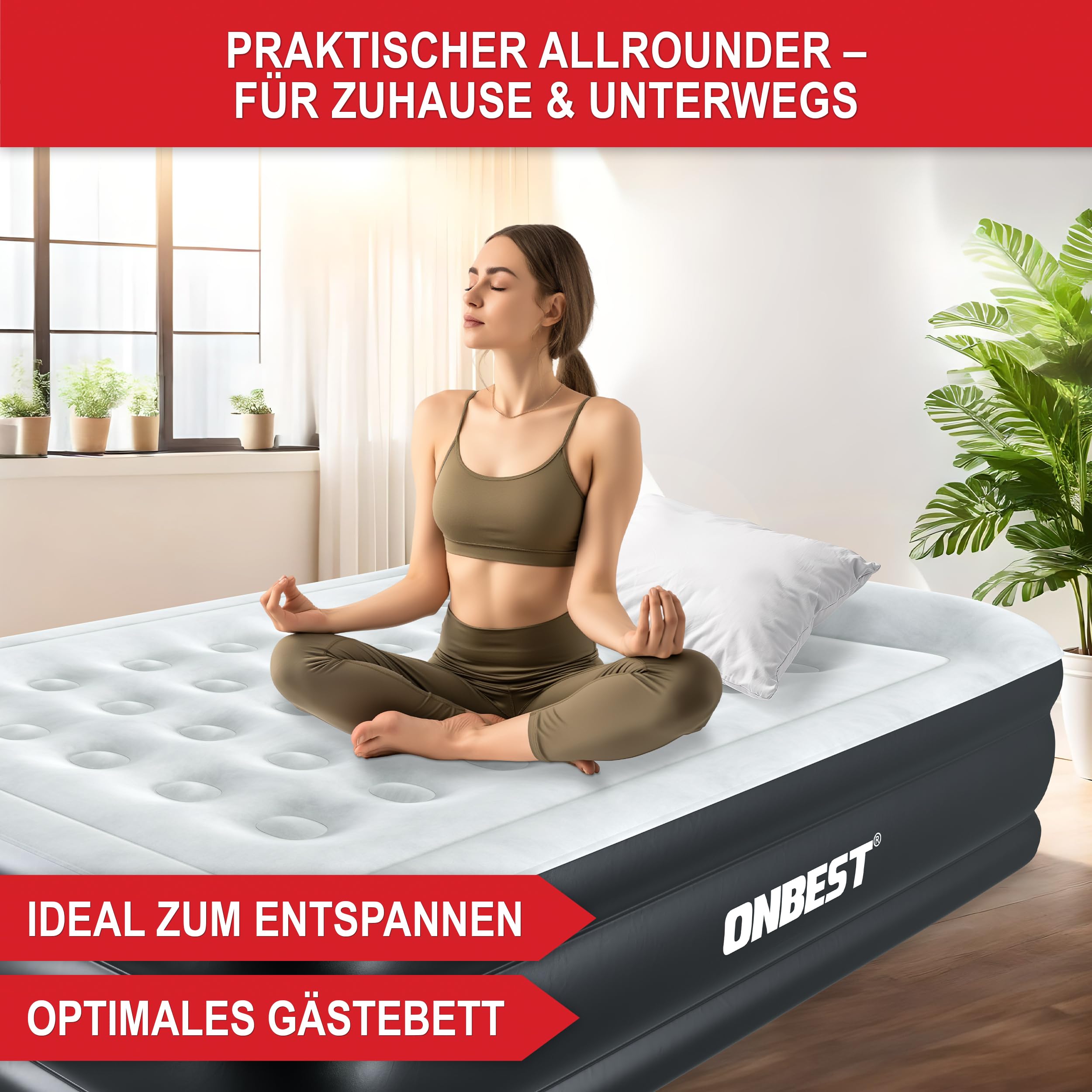 Onbest Luftbett selbstaufblasend – für 2 Personen – 203 x 152 x 46 cm -Luftmatratze mit elektrischer Pumpe – aufblasbares Gästebett in 3-5 Minuten – integriertes Kopfkissen (Schwarz)