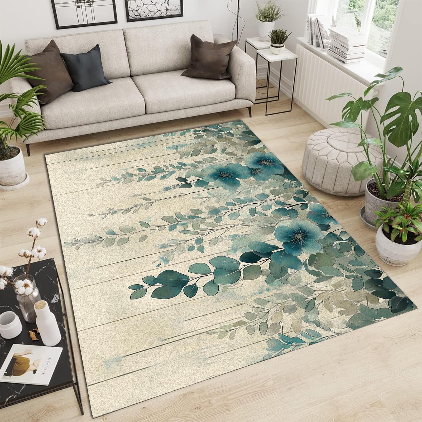 Tapis de salle à manger design moderne feuilles suspendues finitions douces