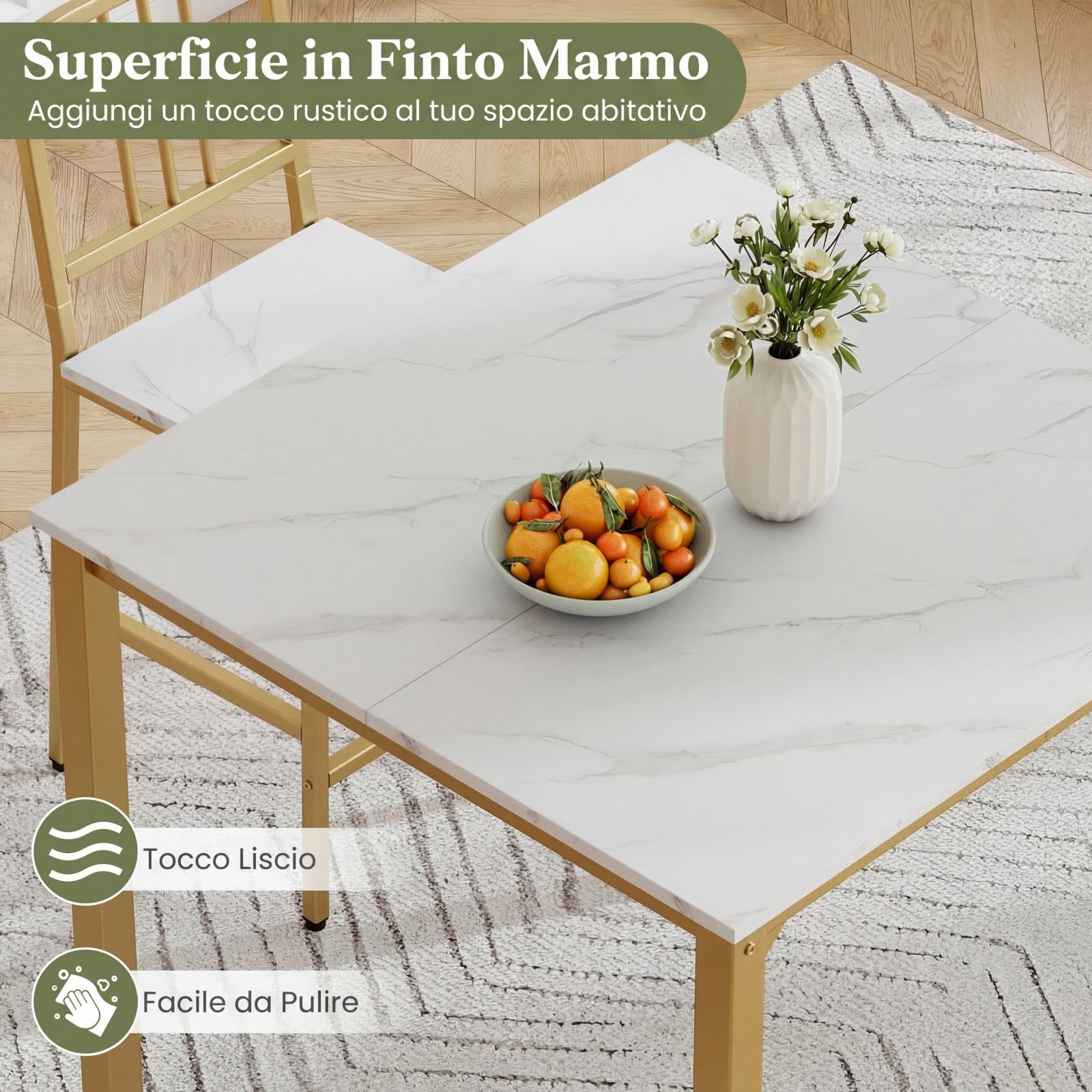 COSTWAY Set da Pranzo per 4 Persone, Set Cucina Bar 5 Pezzi con Superficie in Finto Marmo, Tavolo Quadrato in Legno e 4 Sgabelli Alti per Angolo Colazione e Sala da Pranzo (Bianco)