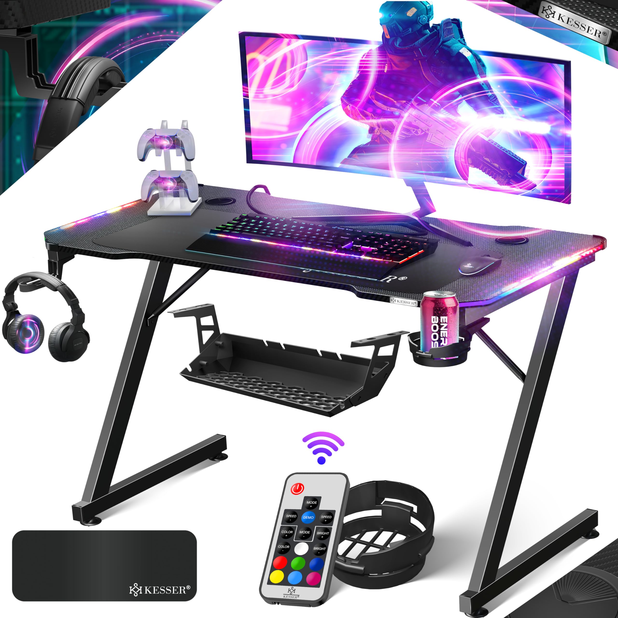 KESSER® Mesa Gaming | 120 x 60 cm | Incl. LED | Escritorio para Gamer en Forma de Z | Soporte para Auriculares | Mesa ergonómica para Ordenador | Incl. Alfombrilla de ratón y Soporte