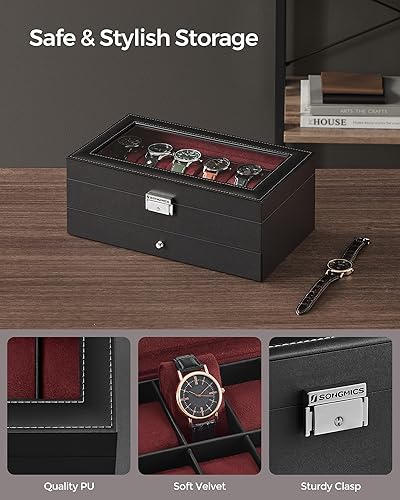 Vista 53 de SONGMICS Caja de reloj, organizador de 20 ranuras para reloj con tapa de vidrio grande, almohadas extraíbles, cerradura de metal, regalo para seres