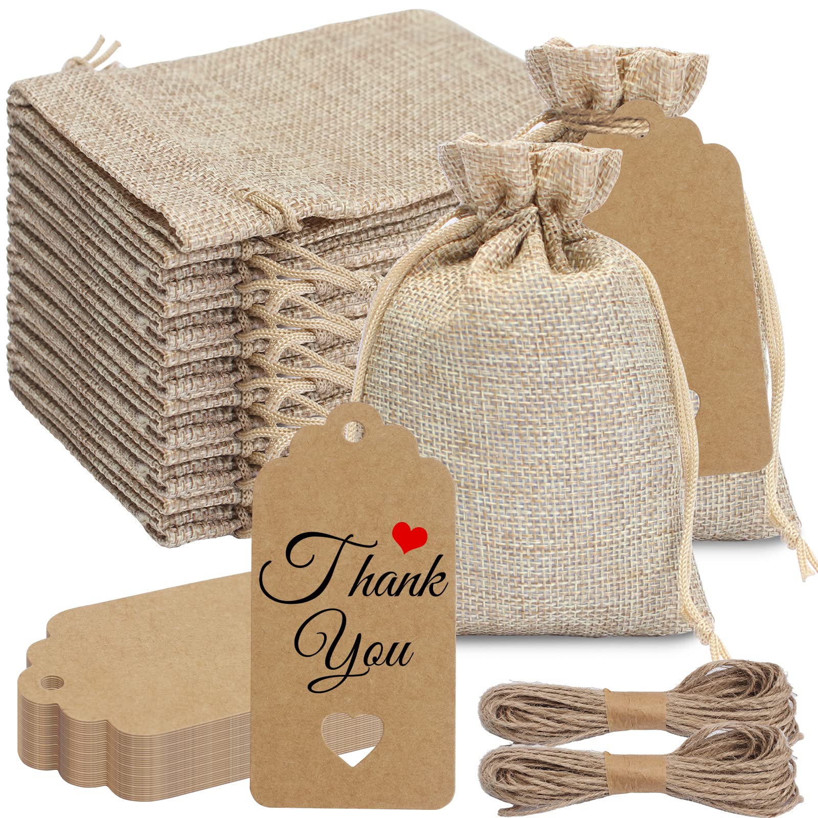 30 jute zakjes, hartjes om te vullen, 10 x 14 cm, jute tassen met trekkoord, 10 m henneptouw, herbruikbare cadeauzakjes, Kerstmis, Pasen, bruiloft