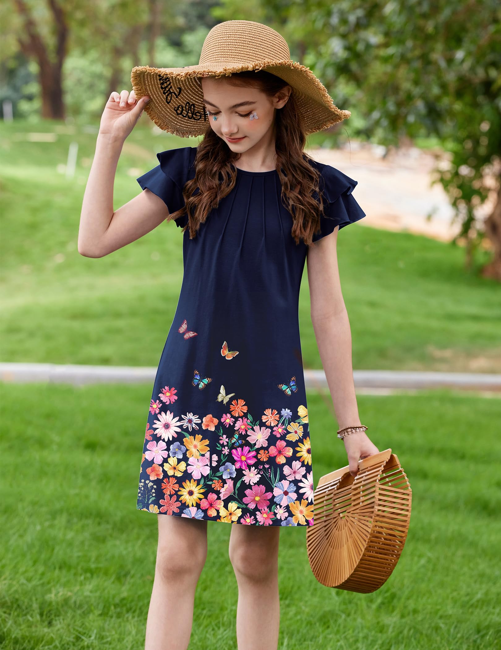Arshiner Vestido de Verano para niña Plisado Mangas onduladas Manga Corta Tallas 6-14 años