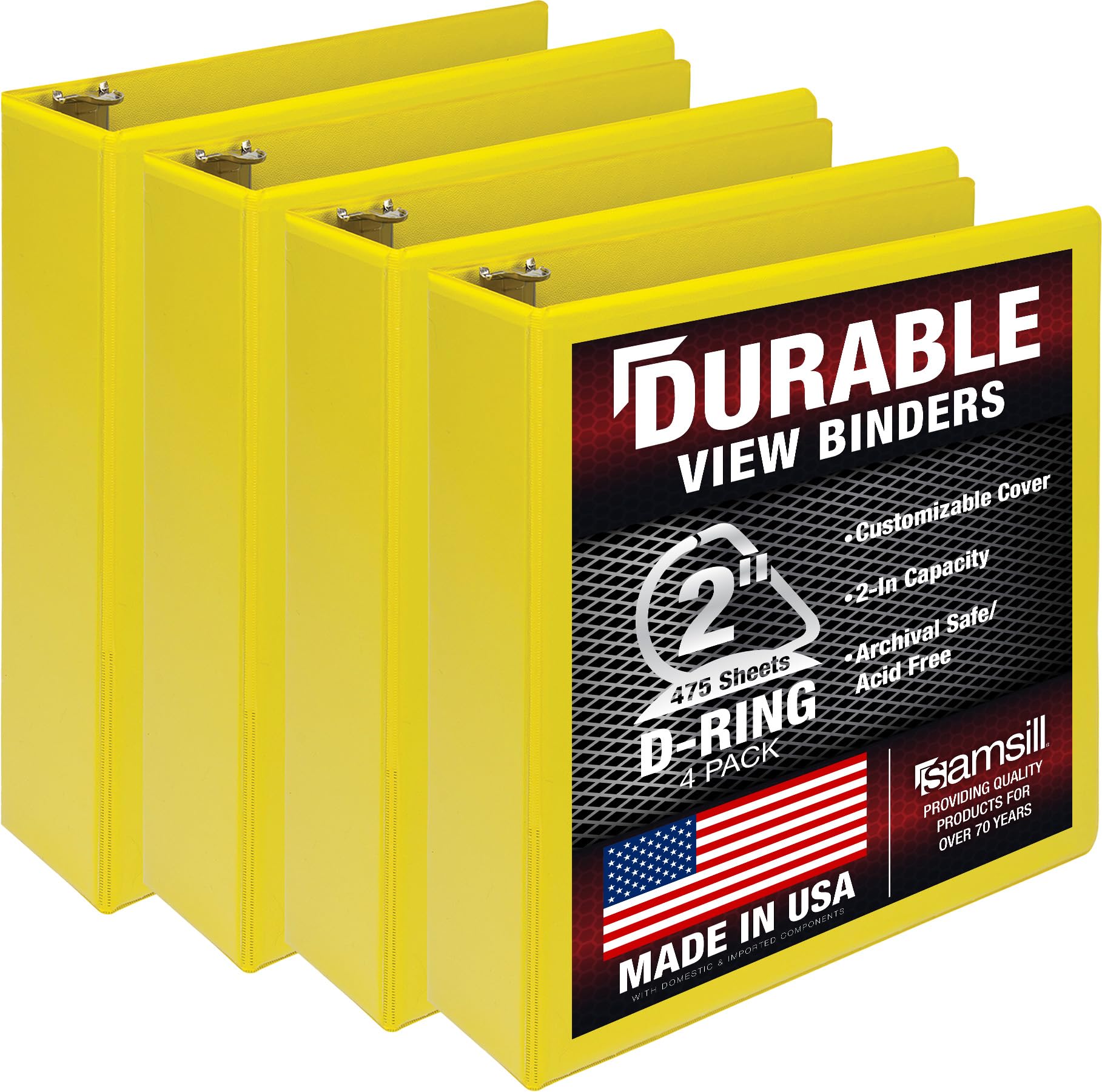 Samsill Durable 2 Inch Binder, Made in The USA, D Ring Binder, Customizable Clear View Binder, Yellow, 4 Pack, Each Holds 475 Pages