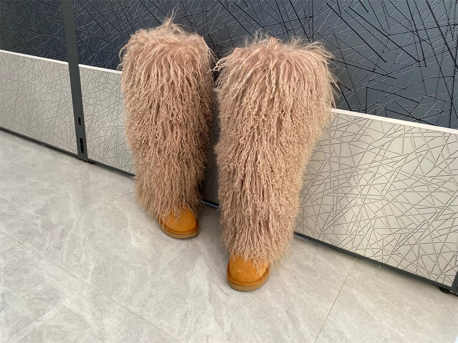 FurinFashion Over Knee High Mongolian Fur Boots Laides Boot with True Tibetan Fluffy Hairy Big Long Curly Hair For Girls Woman's Women Adults Size Skinning Winter Snowing Warm Shoes Flat Boots Blue Grey Pink Color