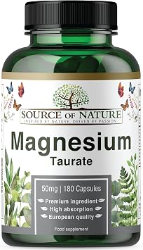 Source of Nature  | Magnesium Taurate 625mg | 180 Capsules | 45-Day Supply | 50mg Elemental | High Absorption | Gentle on Stomach | Lab-Tested Purity