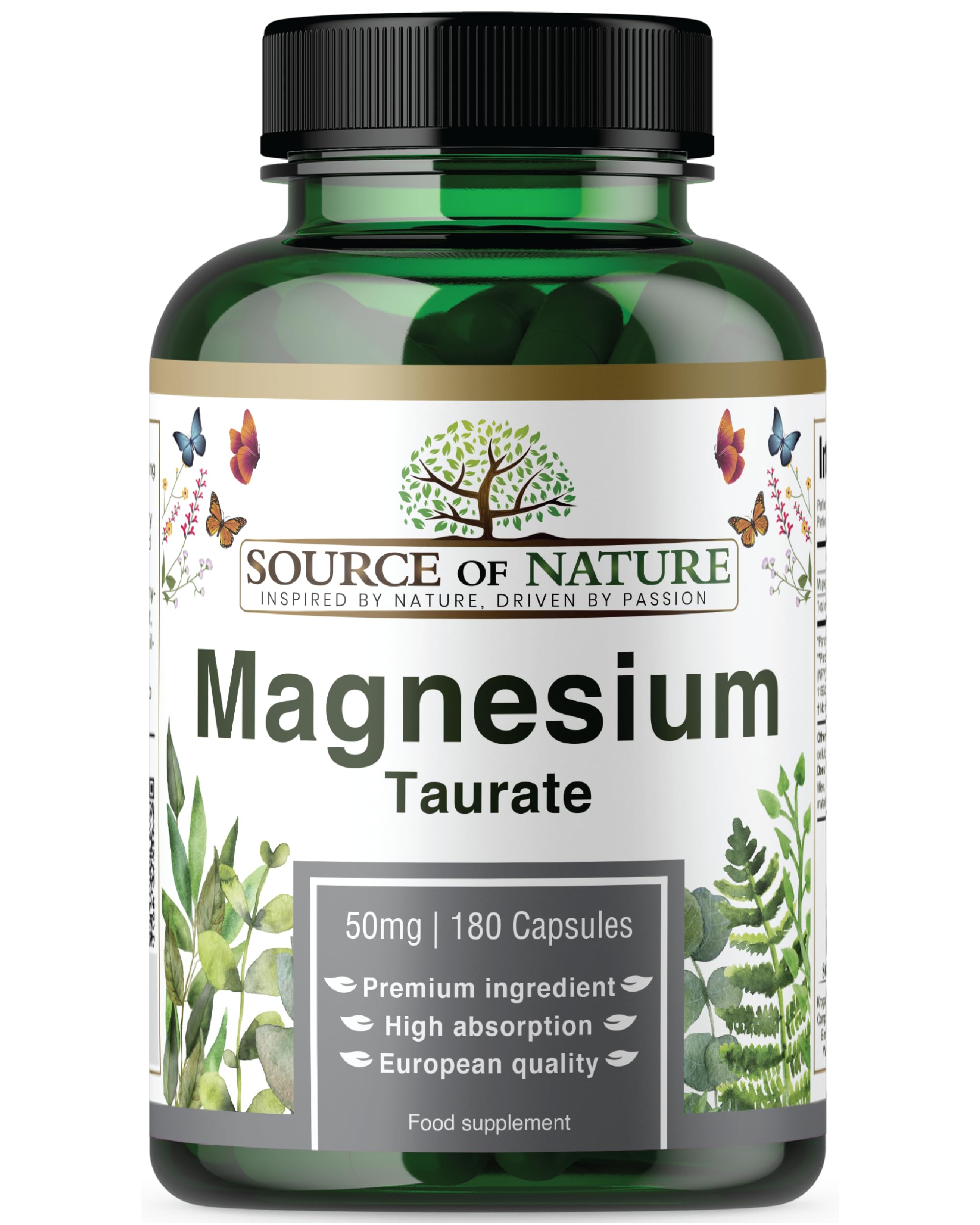 Source of Nature® | Magnesium Taurate 625mg | 180 Capsules | 45-Day Supply | 50mg Elemental | High Absorption | Gentle on Stomach | Lab-Tested Purity