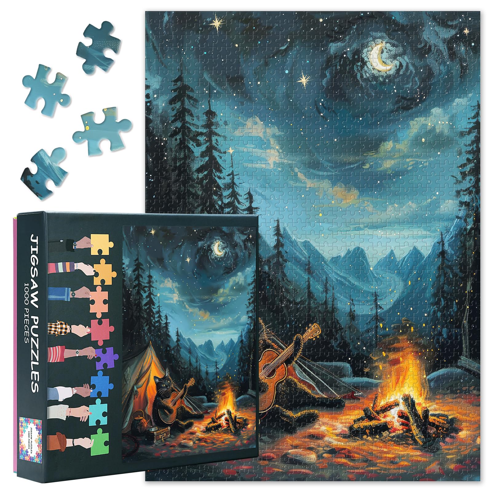 Black Cat Playing Guitar Jigsaw Puzzles 1000 Pieces for Adults, Camping Under the Starry Sky