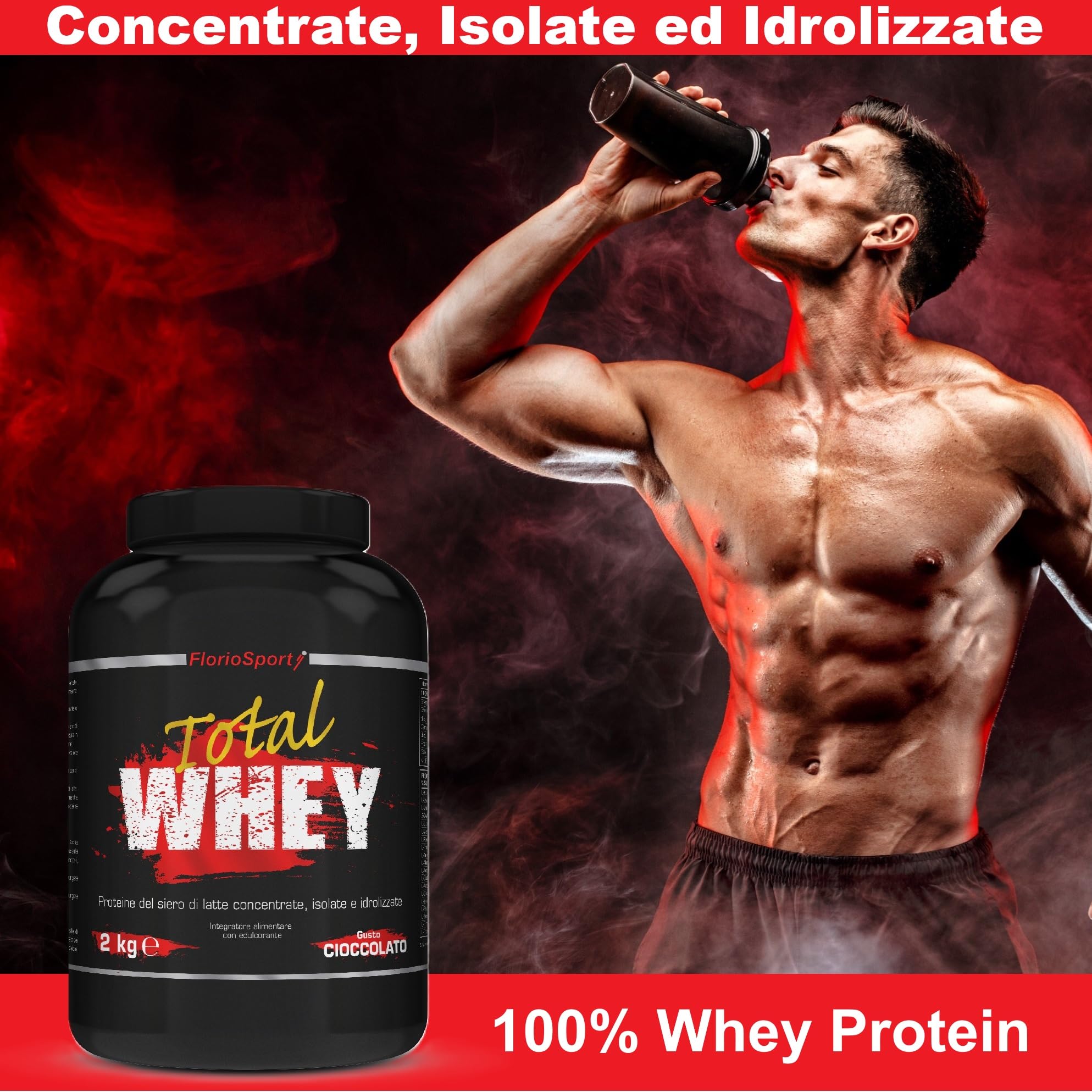 FlorioSport Total Whey Protein 2000g - 100% Purissime Proteine del Siero del Latte Concentrate, Isolate mediante microfiltrazione a flusso incrociato e Idrolizzate. Solubilità Istananea
