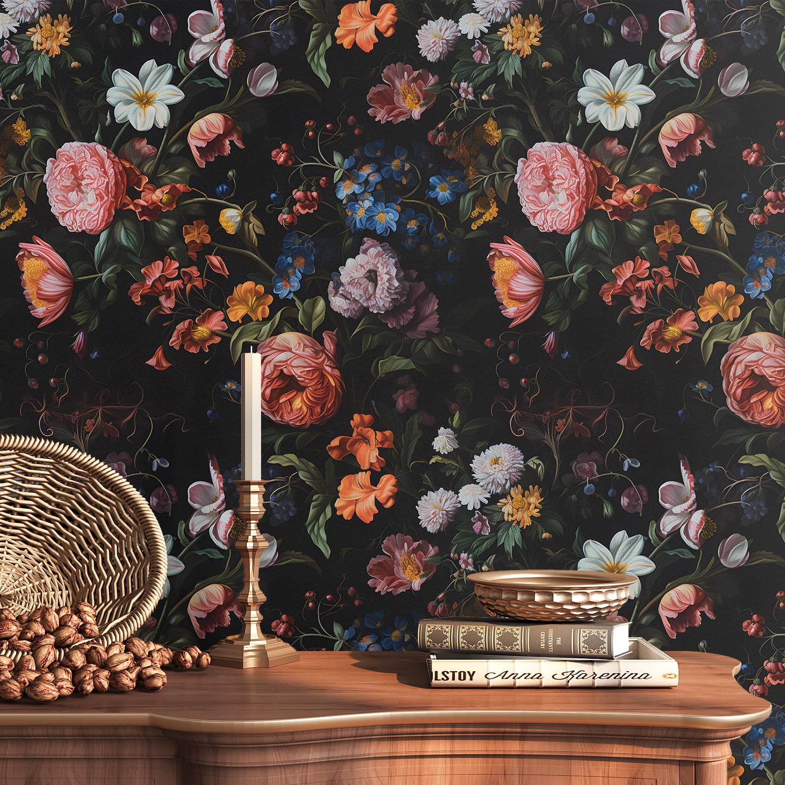 VEELIKE Boho Orange Floral Wallpaper Peel And Stick – Dark Vintage Flower Mural, 17.7x354 Inches, Renter Friendly, Removable