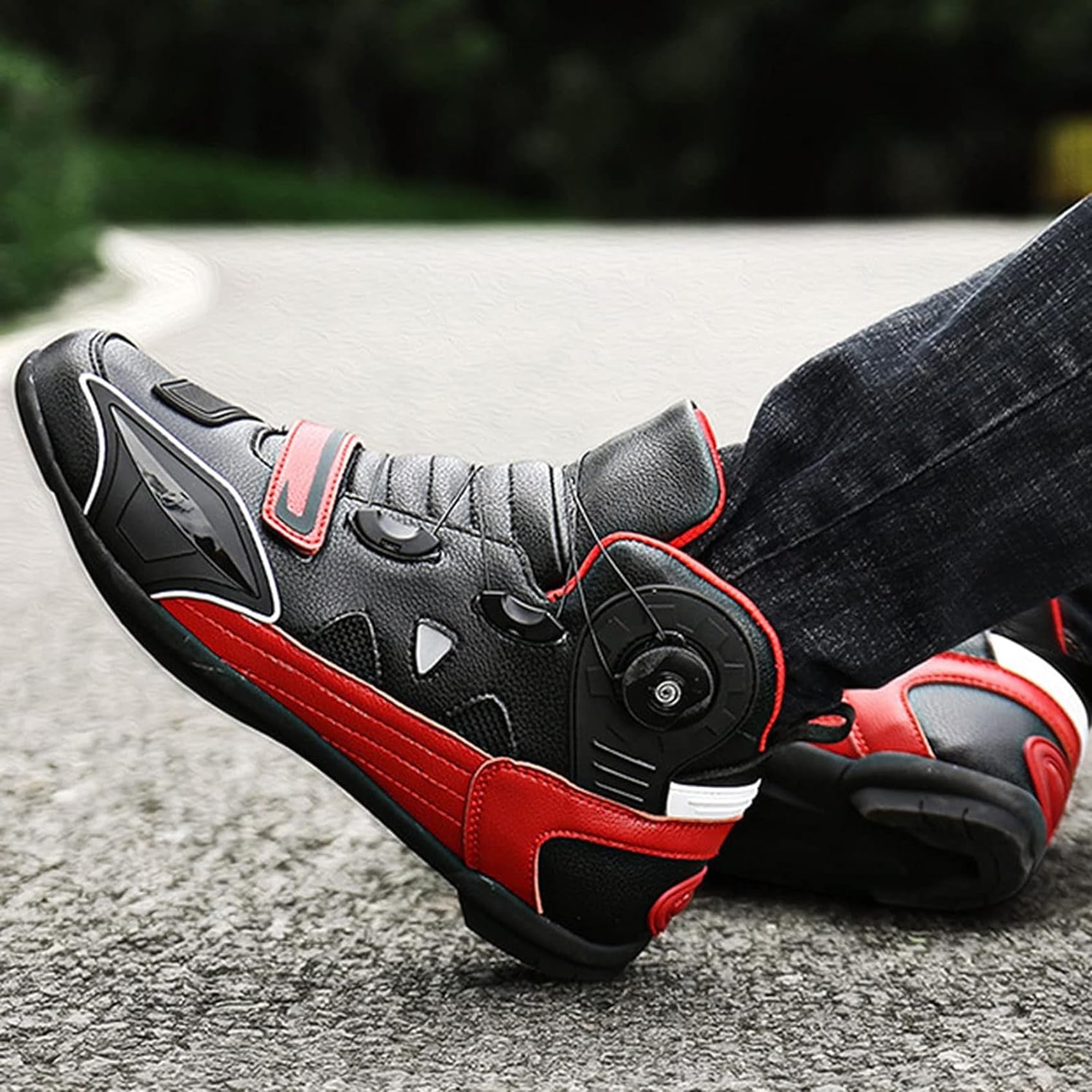 Stivali Moto Uomo, Scarpe Moto Moto Strada Antiscivolo Rinforzate, Sneakers Moto in Pelle con Fibbia Girevole
